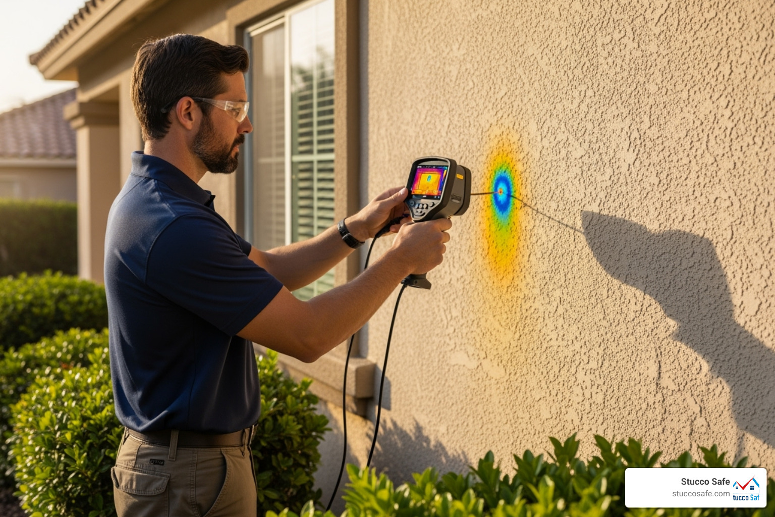 An inspector using an infrared camera on a stucco wall - stucco inspection Phoenixville An inspector using an infrared camera on a stucco wall - stucco inspection Phoenixville
