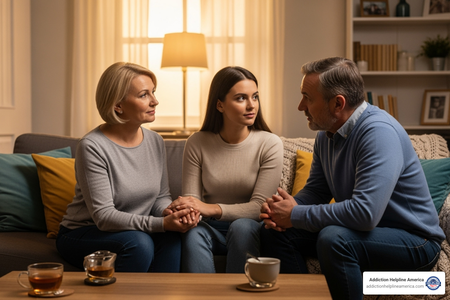 family having a calm, supportive conversation - find alcohol treatment