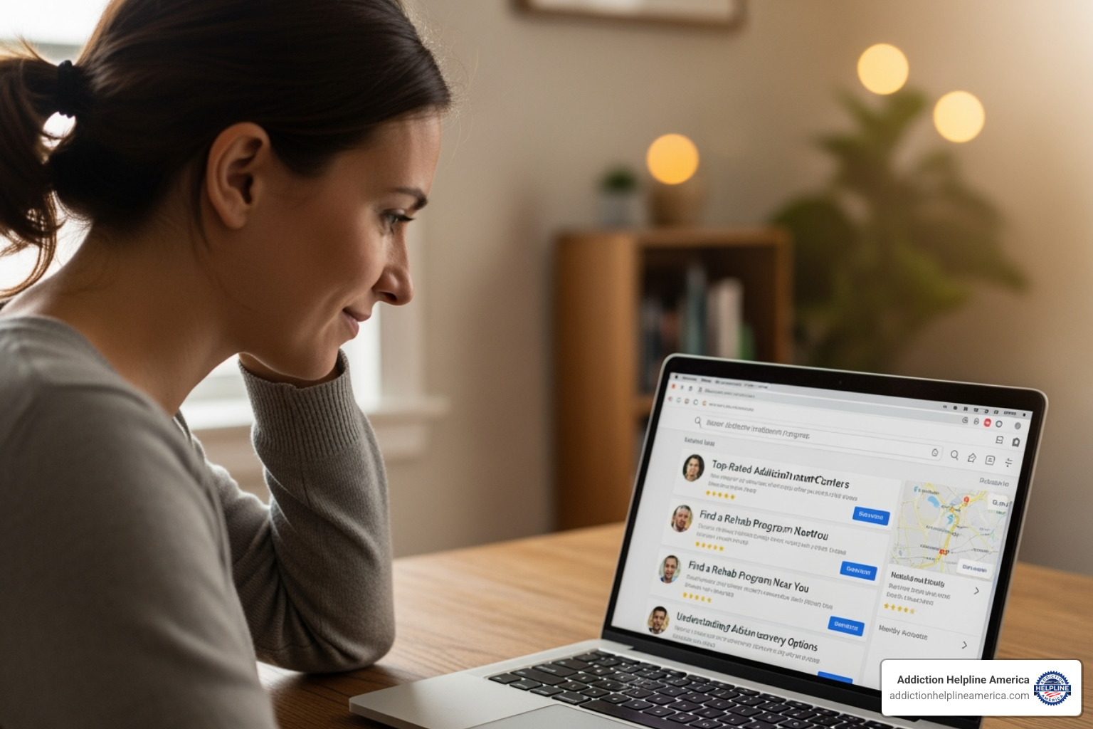 person looking at a laptop displaying a treatment search website - find alcohol treatment