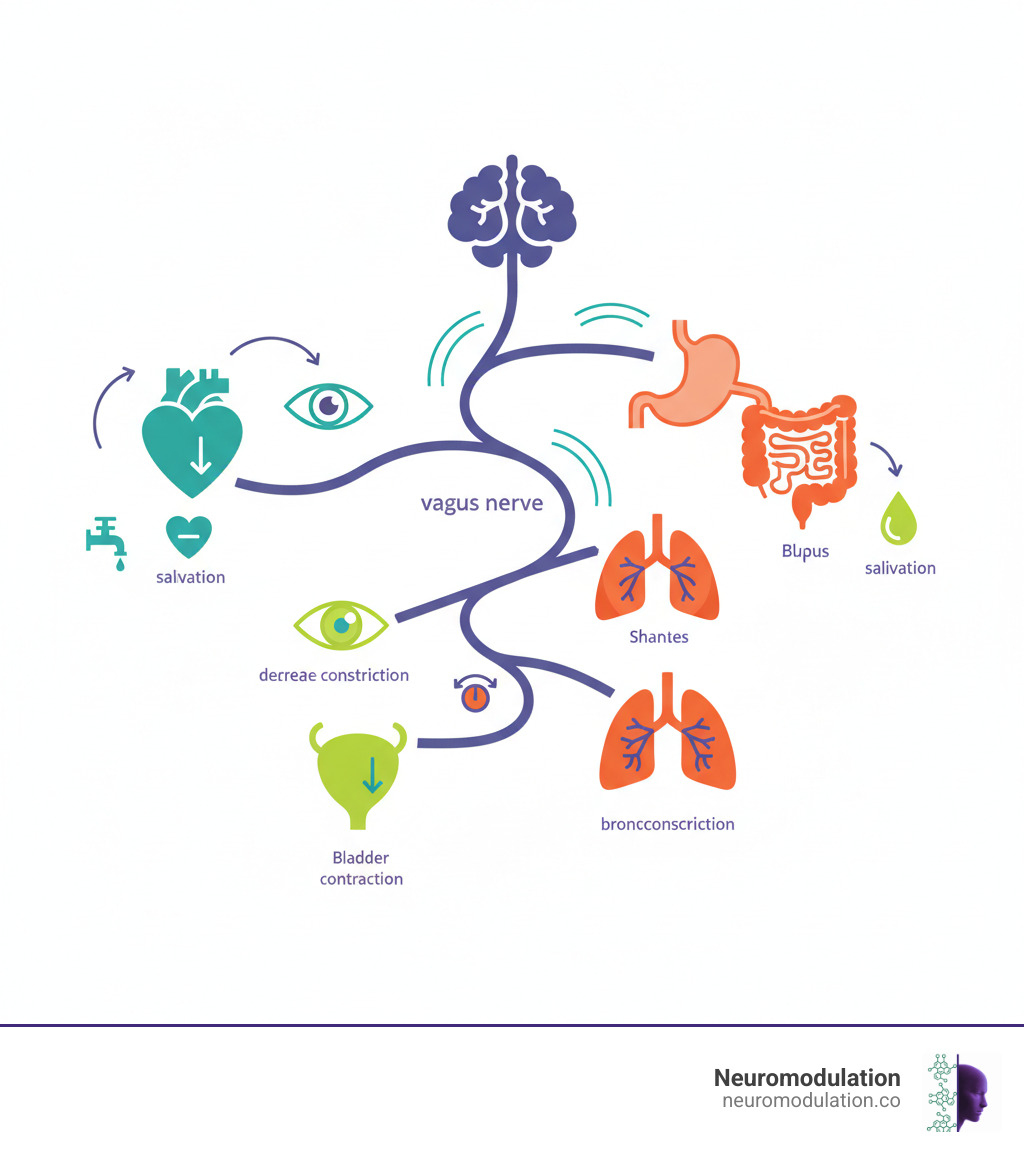 Infographic showing the parasympathetic nervous system's "rest and digest" functions: decreased heart rate, increased digestion, pupil constriction, increased salivation, bladder contraction, bronchoconstriction, and vasodilation. The infographic includes anatomical illustration of the vagus nerve connecting the brainstem to major organs including the heart, lungs, stomach, intestines, and bladder, with arrows indicating the direction of nerve signals and labels for each major parasympathetic effect on target organs. - an increase in parasympathetic activity causes infographic 