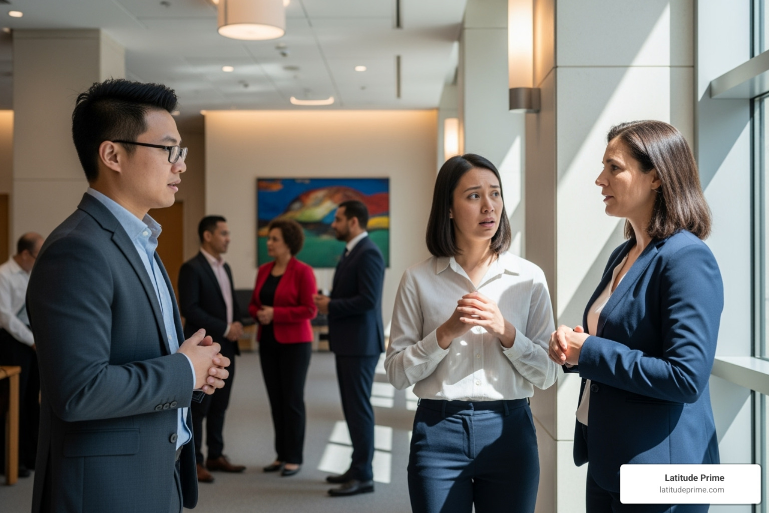 diverse group of people in a courthouse hallway, one speaking with an interpreter - legal court interpreter diverse group of people in a courthouse hallway, one speaking with an interpreter - legal court interpreter