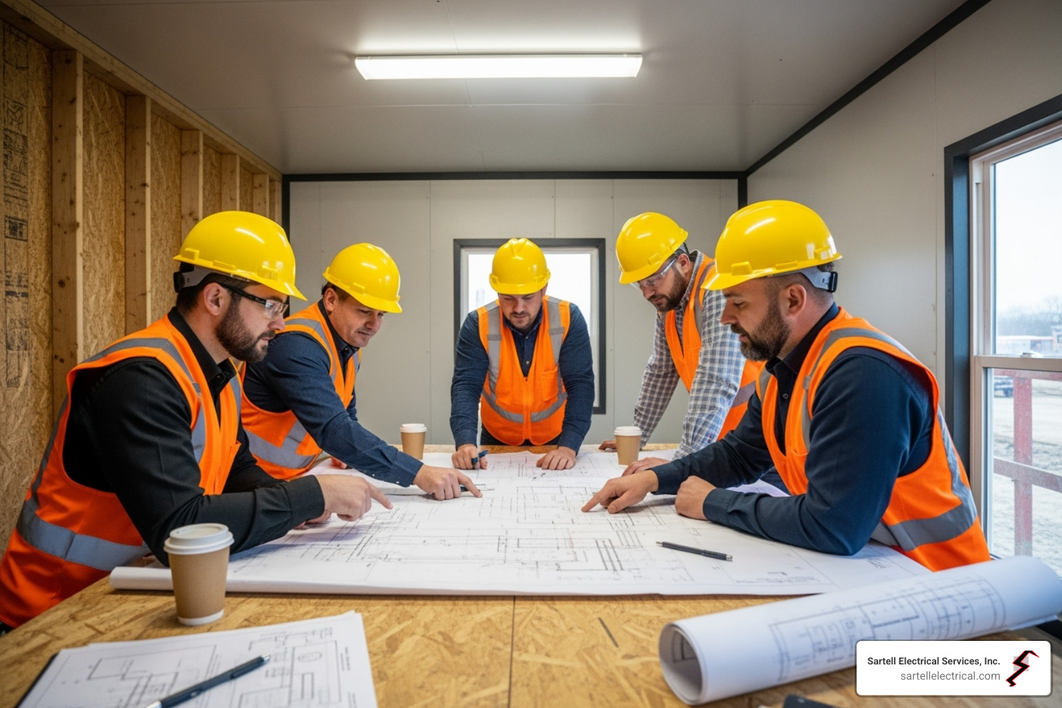Group of electricians in hard hats and safety vests examining blueprints on a table, discussing design-build electrical project plans in a construction setting.