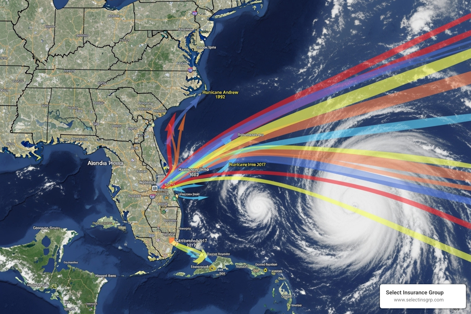 A hurricane map centered on Florida showing storm paths and impacts - what is the average auto insurance price in orlando florida