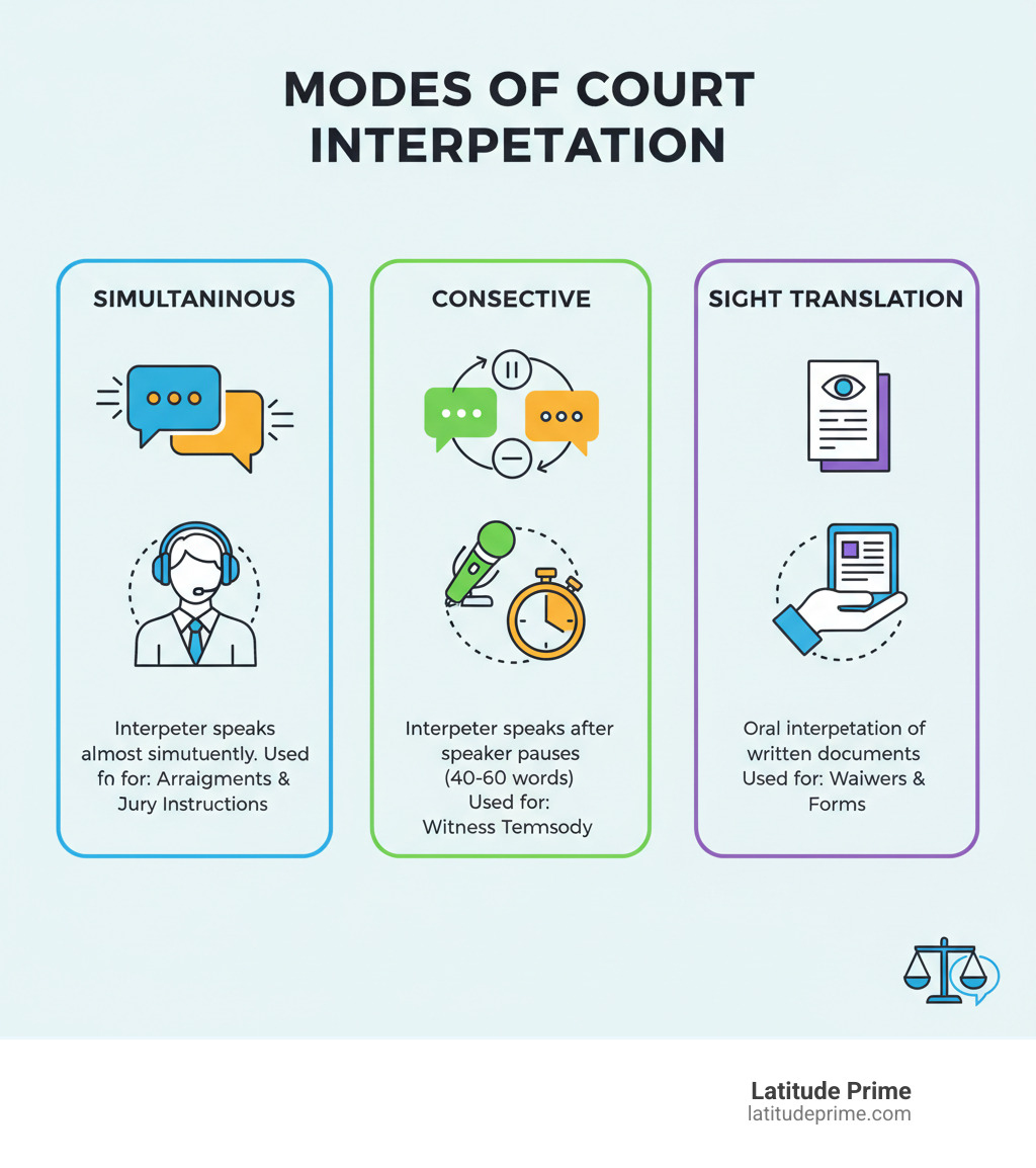 Infographic showing the three modes of court interpretation: Simultaneous interpretation (interpreter speaks at almost the same time as the speaker, used for arraignments and jury instructions), Consecutive interpretation (interpreter translates after speaker pauses every 40-60 words, used for witness testimony), and Sight translation (oral interpretation of written documents like waivers and forms) - legal court interpreter infographic  Infographic showing the three modes of court interpretation: Simultaneous interpretation (interpreter speaks at almost the same time as the speaker, used for arraignments and jury instructions), Consecutive interpretation (interpreter translates after speaker pauses every 40-60 words, used for witness testimony), and Sight translation (oral interpretation of written documents like waivers and forms) - legal court interpreter infographic