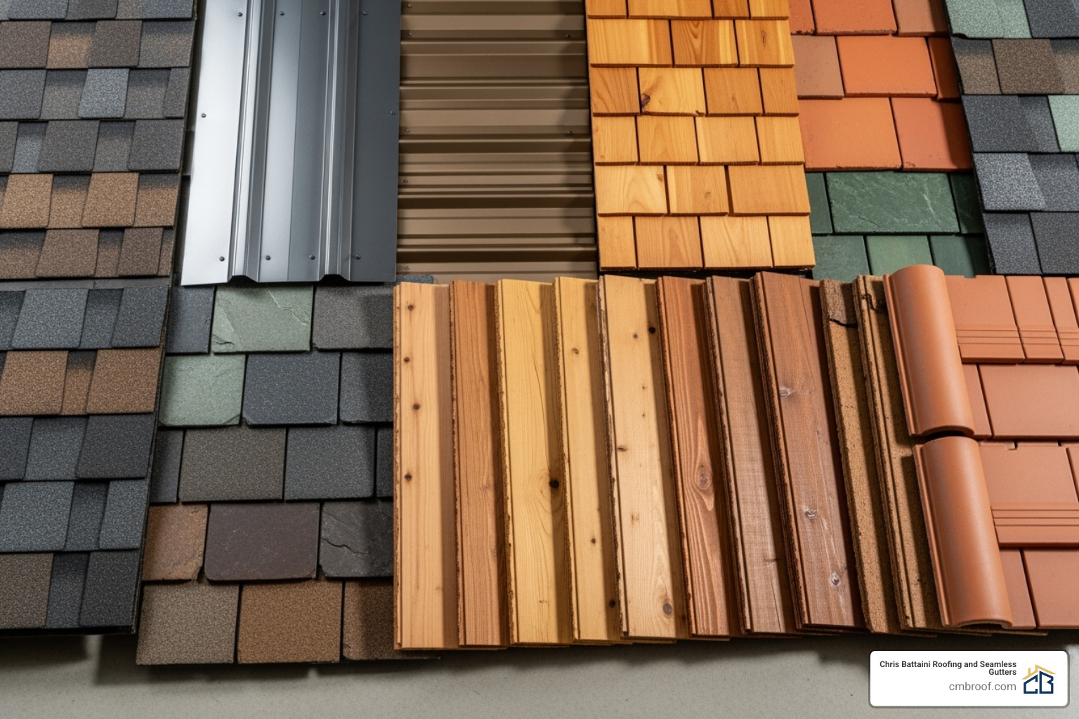 showing a variety of roofing material samples like asphalt shingles, metal panels, and cedar shakes. - Roofing Contractors