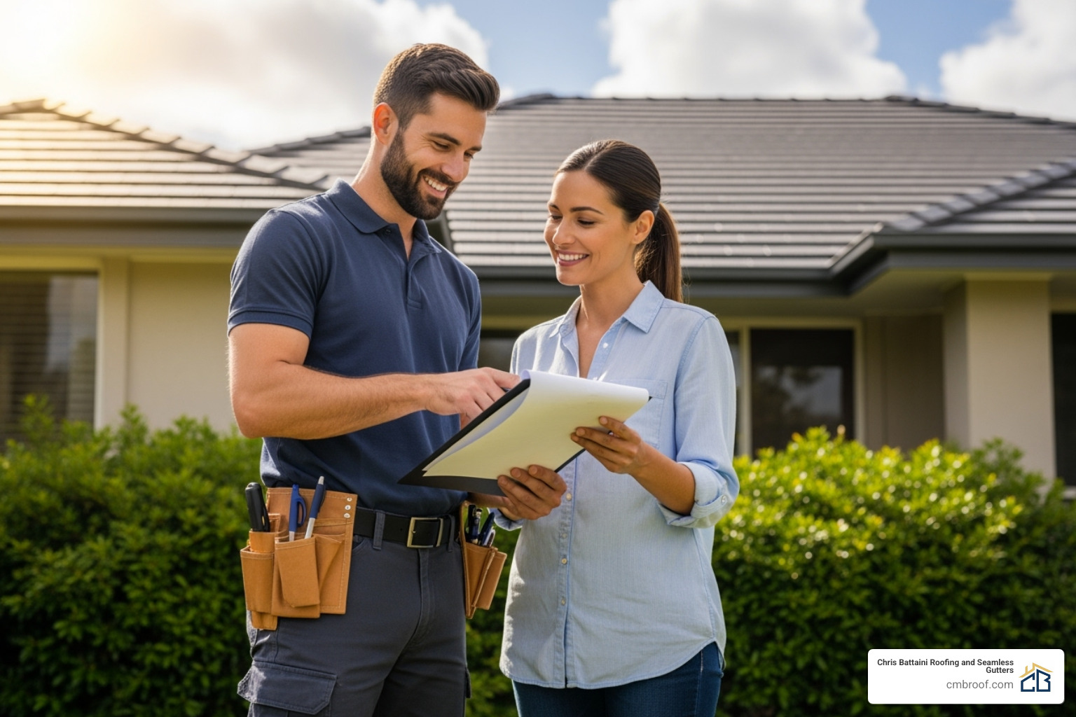 of a friendly, professional contractor discussing a project with a homeowner. - Roofing Contractors