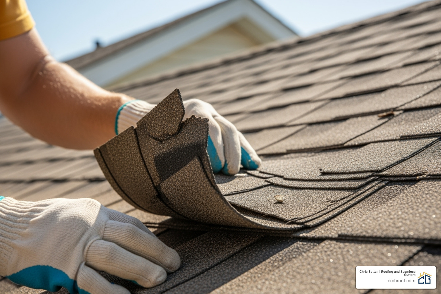 of a roofer carefully inspecting a damaged shingle roof. - Roofing Contractors