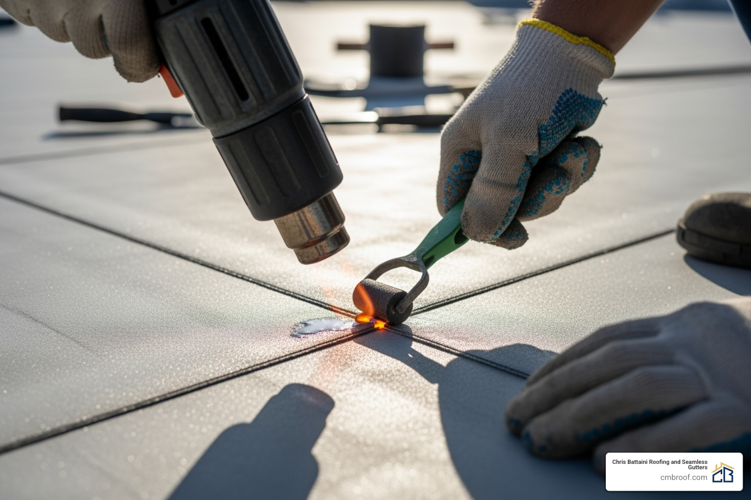 of a professional roofer heat-welding a TPO seam - flat roof repair company