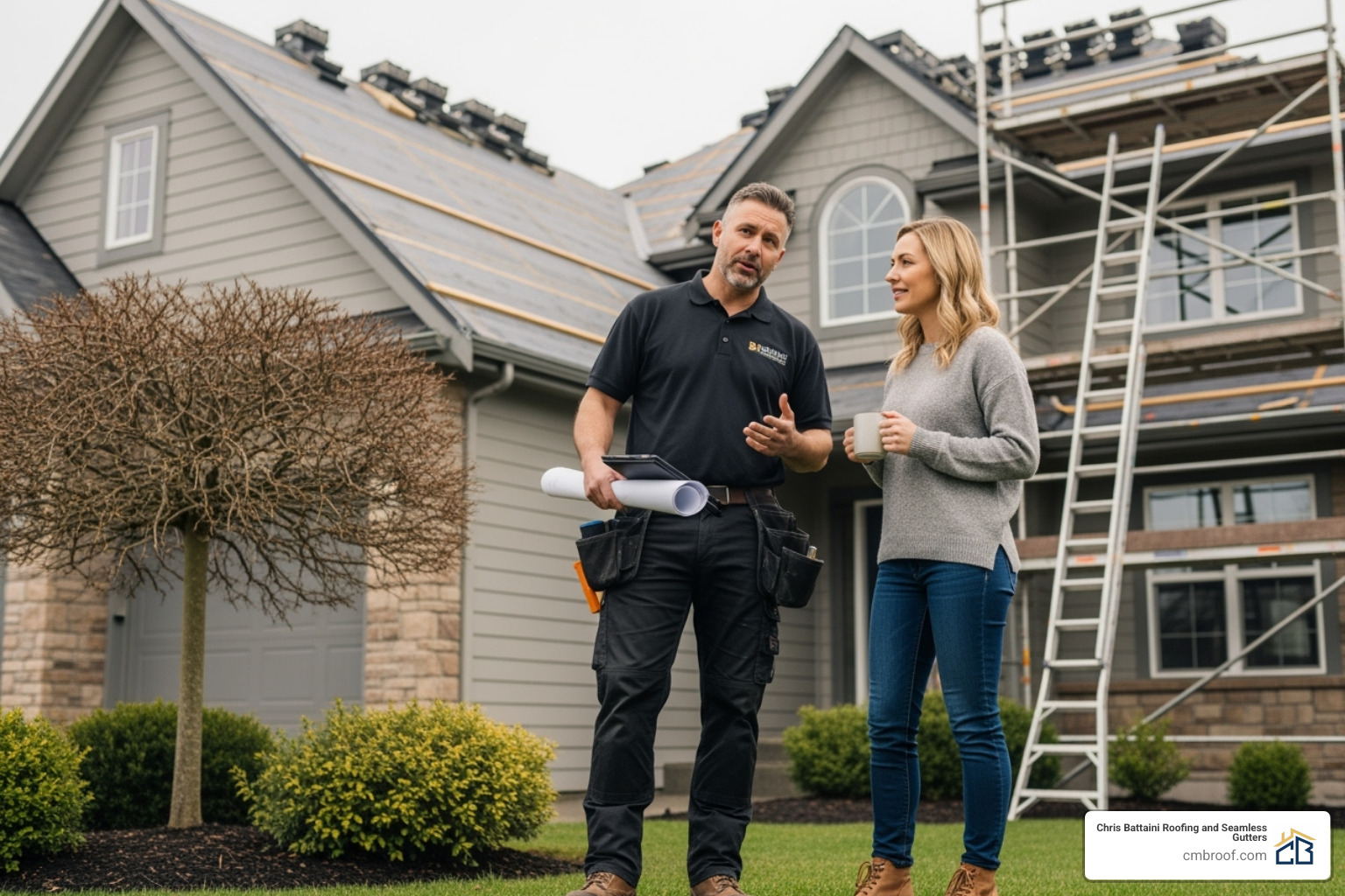 of a roofing contractor discussing plans with a homeowner - flat roof repair company