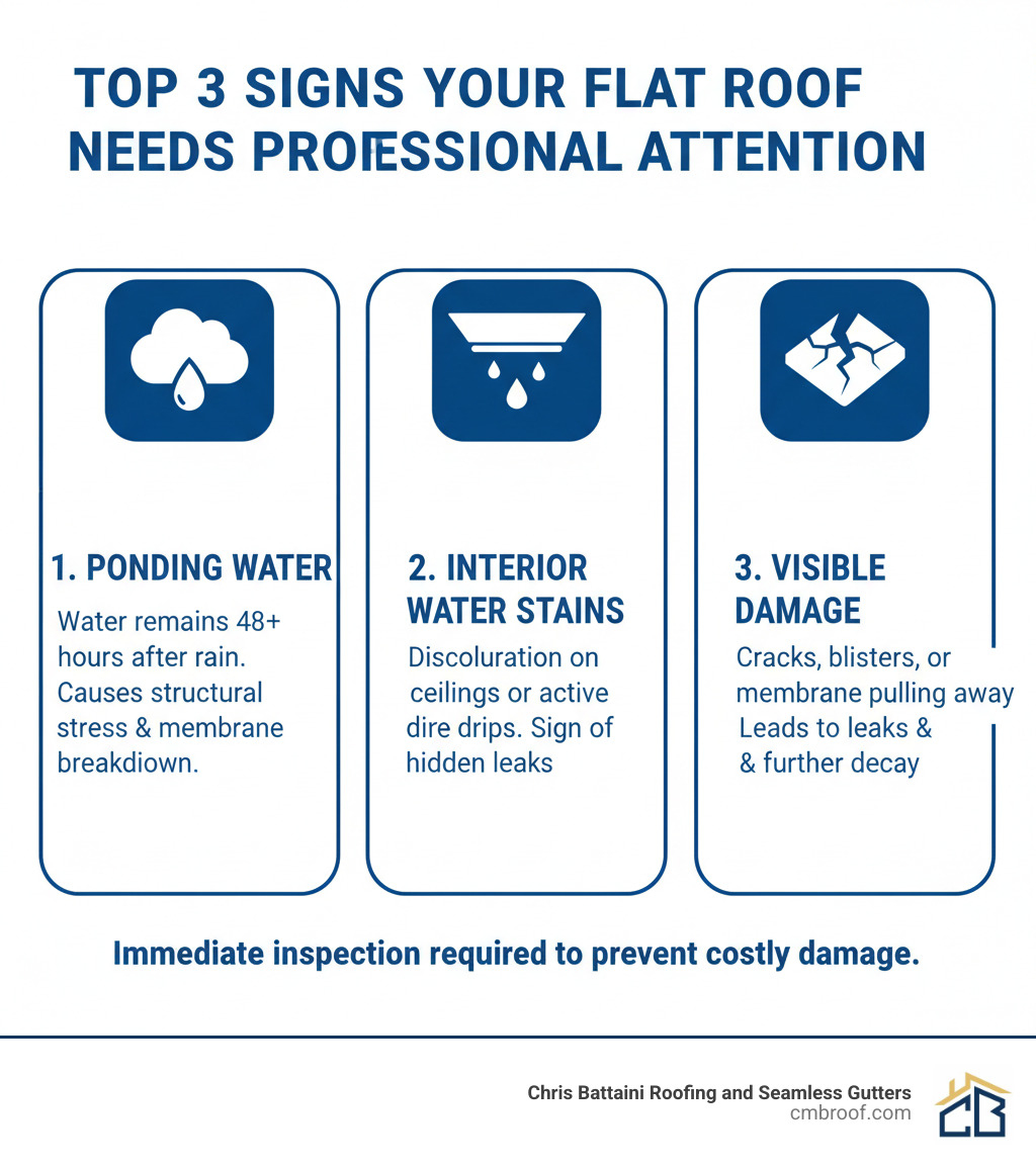 Infographic showing the top 3 signs your flat roof needs professional attention: 1) Ponding water that remains 48 hours after rain, 2) Interior water stains or active leaks on ceilings, 3) Visible cracks, blisters, or membrane pulling away from edges. Each sign includes a simple icon and brief explanation of why it requires immediate professional inspection. - flat roof repair company infographic 
