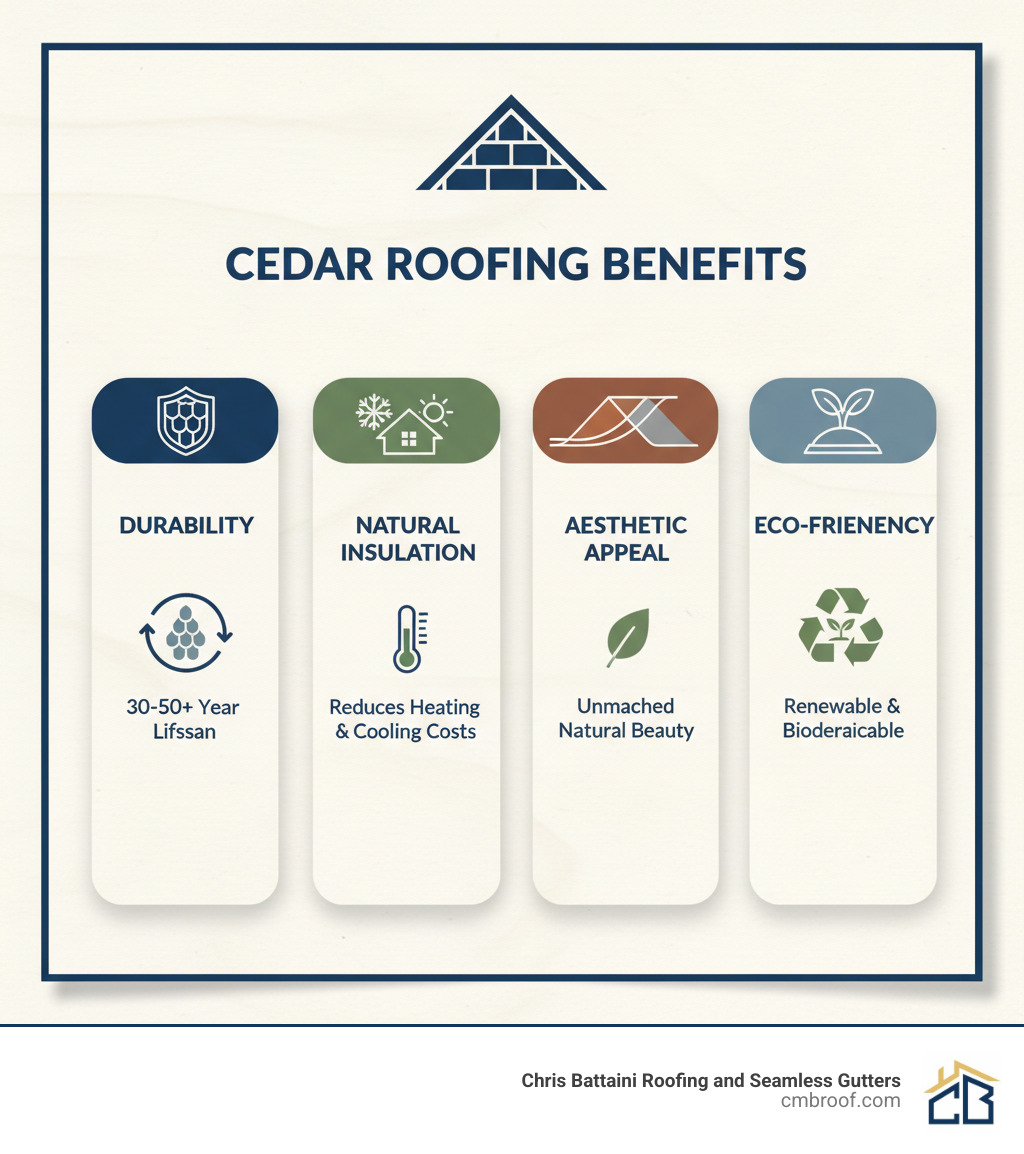 Infographic showing the key benefits of cedar roofing: Durability (30-50+ year lifespan with proper care), Natural Insulation (reduces heating and cooling costs, withstands extreme temperatures), Aesthetic Appeal (unmatched natural beauty, ages to attractive silver-gray), and Eco-Friendliness (renewable resource, biodegradable at end of life) - Cedar Shake Roofer infographic Infographic showing the key benefits of cedar roofing: Durability (30-50+ year lifespan with proper care), Natural Insulation (reduces heating and cooling costs, withstands extreme temperatures), Aesthetic Appeal (unmatched natural beauty, ages to attractive silver-gray), and Eco-Friendliness (renewable resource, biodegradable at end of life) - Cedar Shake Roofer infographic