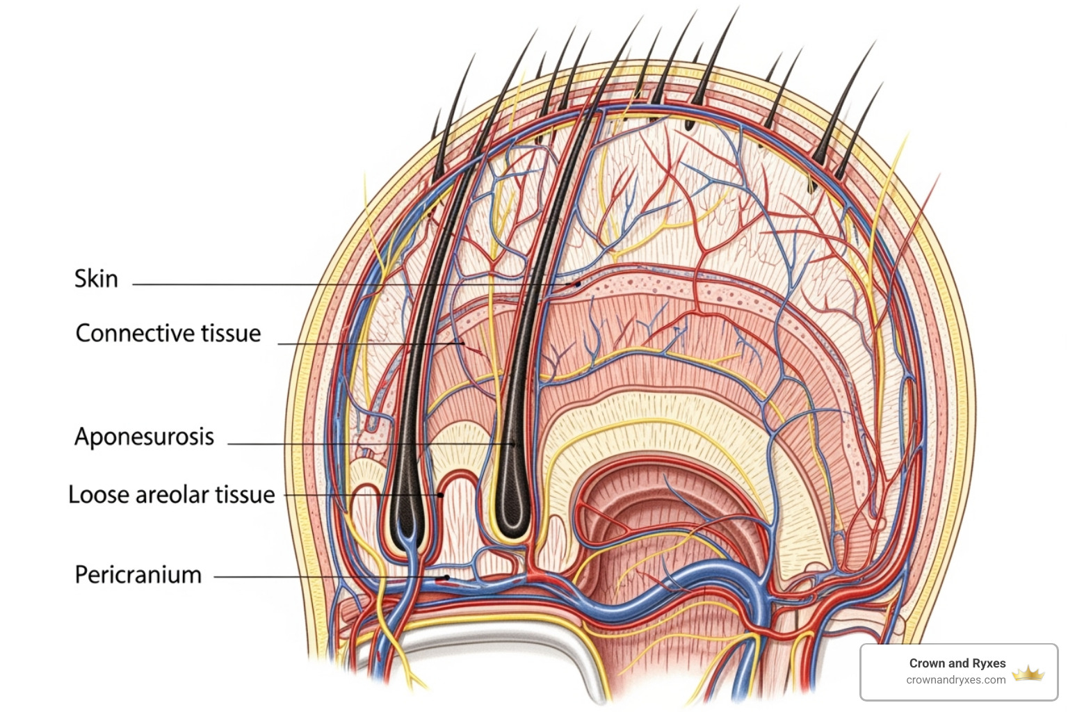 image illustrating the layers of the scalp, including nerves and blood vessels - donor area pain