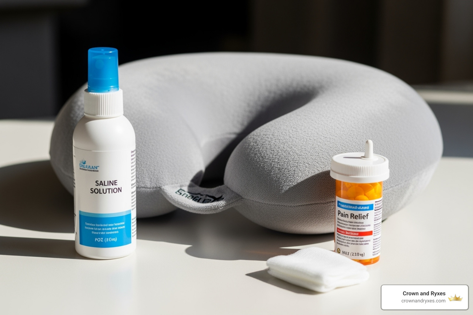 essential post-op care items like a travel pillow and saline spray - donor area pain