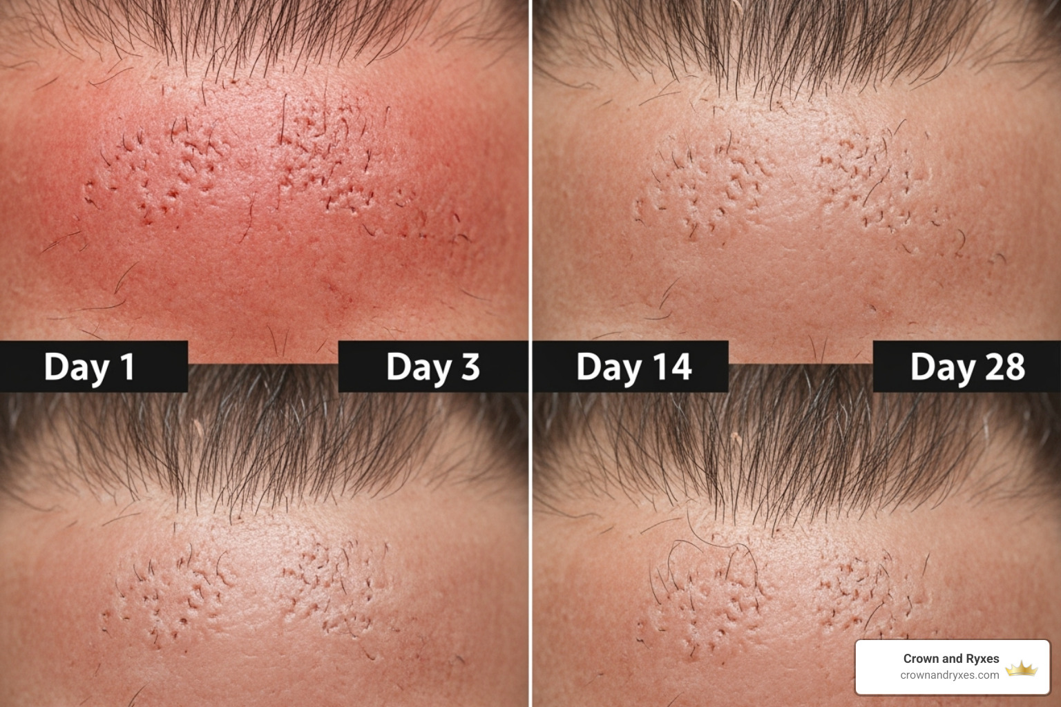 visual timeline of donor area healing from day 1 to week 4 - donor area pain