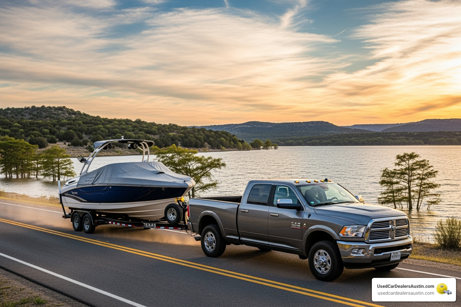 Ram truck towing a boat on a Texas lake - ram trucks austin