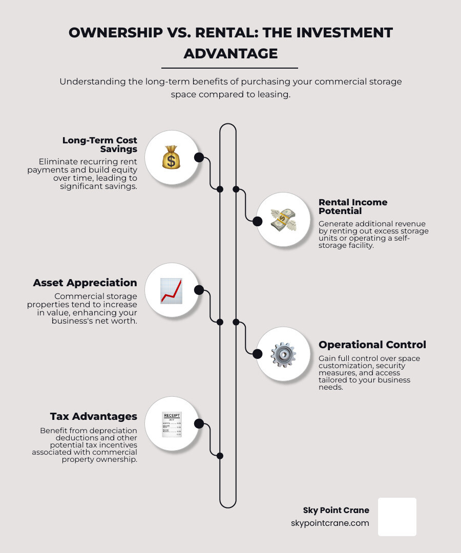 Infographic comparing ownership vs rental of commercial storage space, showing long-term cost savings of ownership, potential rental income from self-storage units, asset appreciation over time, operational control benefits, and tax advantages of owning versus leasing commercial property - commercial storage buildings for sale infographic infographic-line-5-steps-elegant_beige