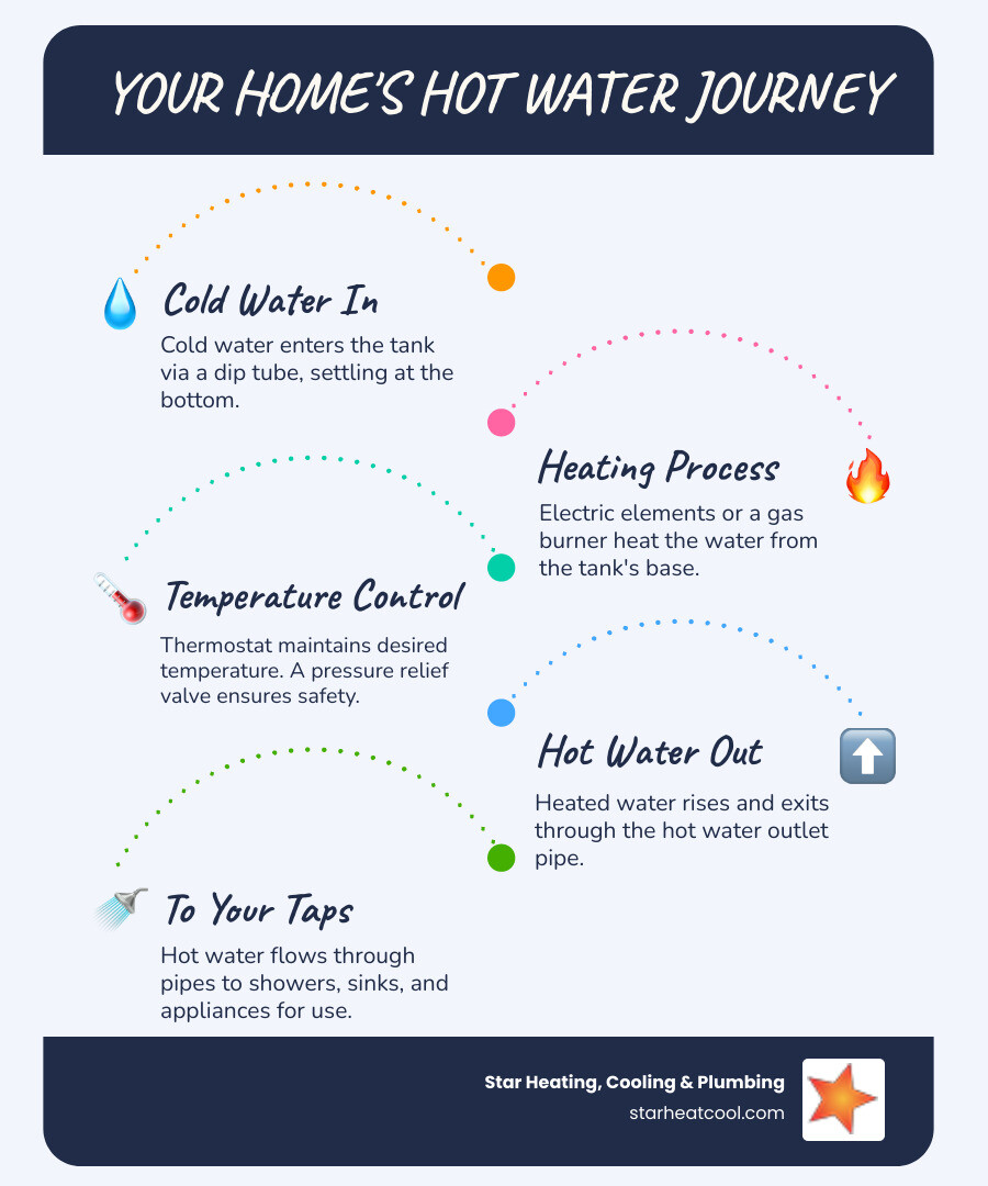 infographic showing the path of hot water from heater through pipes to household fixtures including showers, sinks, and appliances, with labels for key components like tank, heating elements, pressure relief valve, and supply lines - licensed water heater contractor in fishers in infographic infographic-line-5-steps-blues-accent_colors infographic showing the path of hot water from heater through pipes to household fixtures including showers, sinks, and appliances, with labels for key components like tank, heating elements, pressure relief valve, and supply lines - licensed water heater contractor in fishers in infographic infographic-line-5-steps-blues-accent_colors