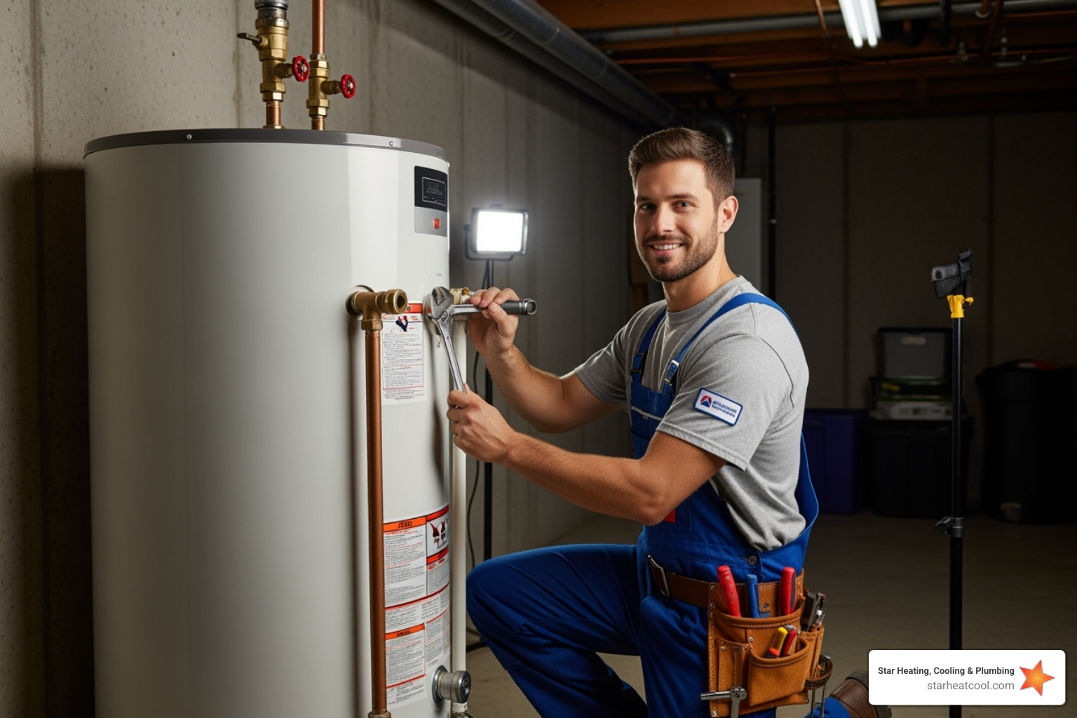 friendly technician performing maintenance on a water heater - licensed water heater contractor in fishers in friendly technician performing maintenance on a water heater - licensed water heater contractor in fishers in
