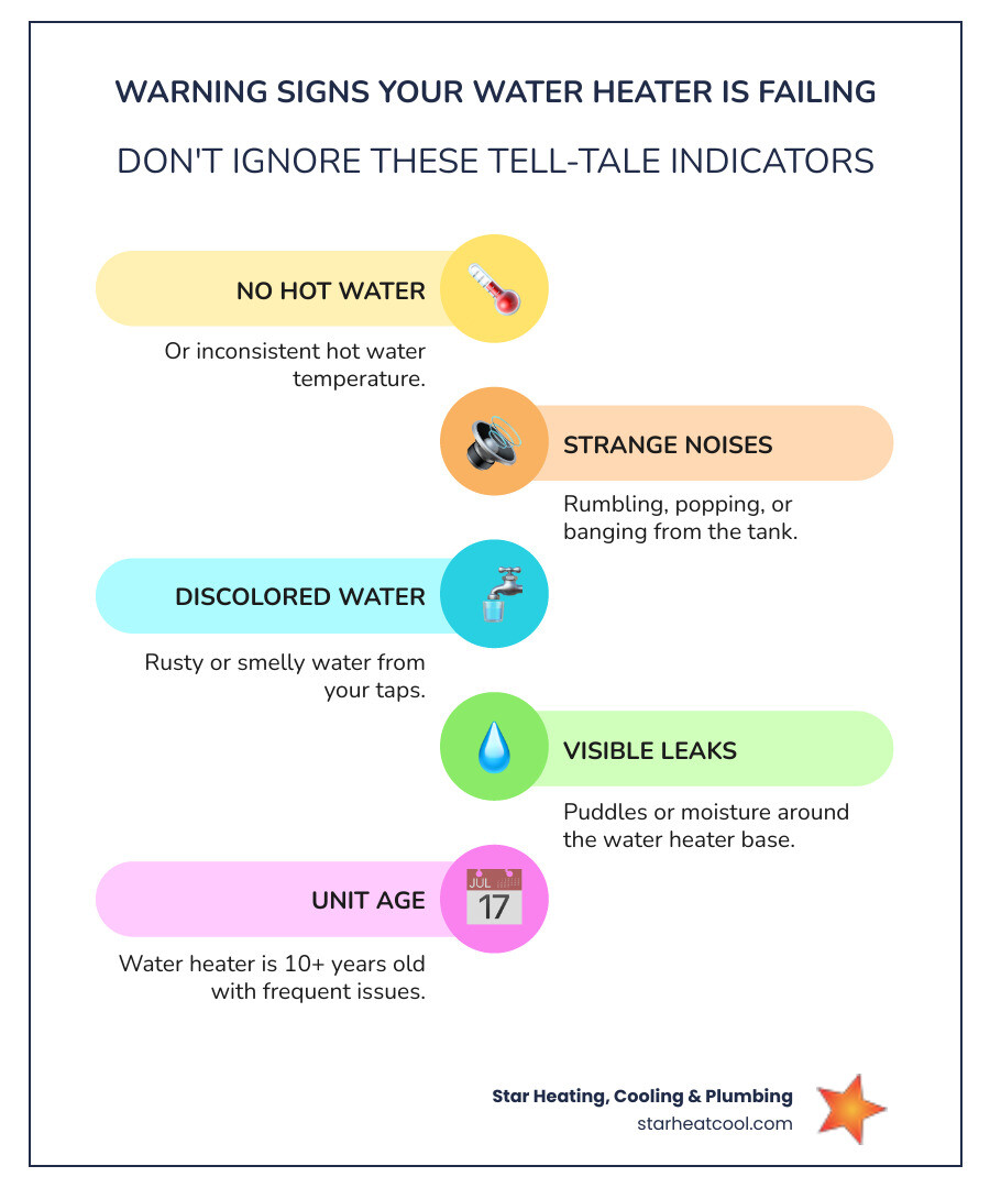 Infographic showing the top 5 warning signs your water heater is failing: no hot water or inconsistent temperature, strange rumbling or popping noises from the tank, rusty or discolored water from taps, visible water pooling or leaks around the base, and a unit that is 10 or more years old with frequent breakdowns - licensed water heater contractor in greenwood in infographic infographic-line-5-steps-colors
