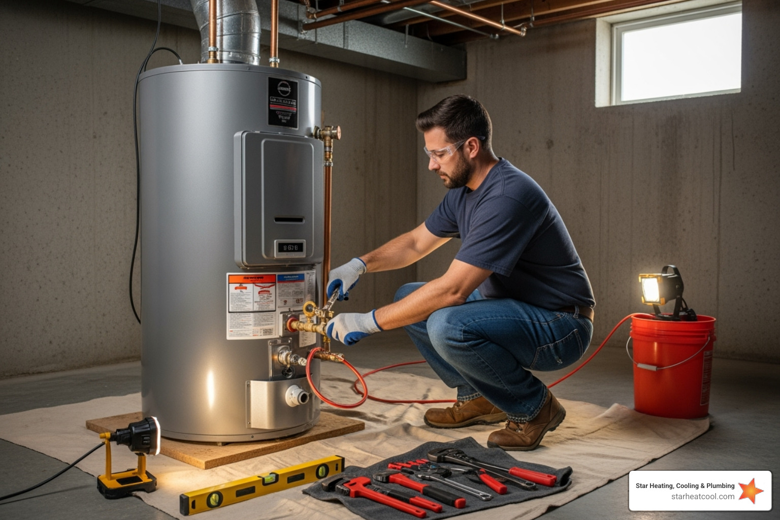 professional technician safely installing a new gas water heater - licensed water heater contractor in greenwood in