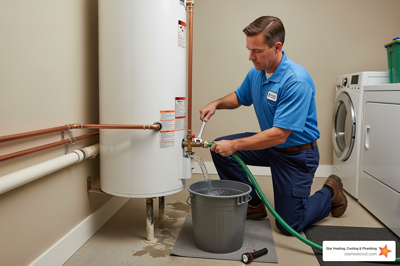 technician flushing sediment from a water heater tank - licensed water heater contractor in greenwood in