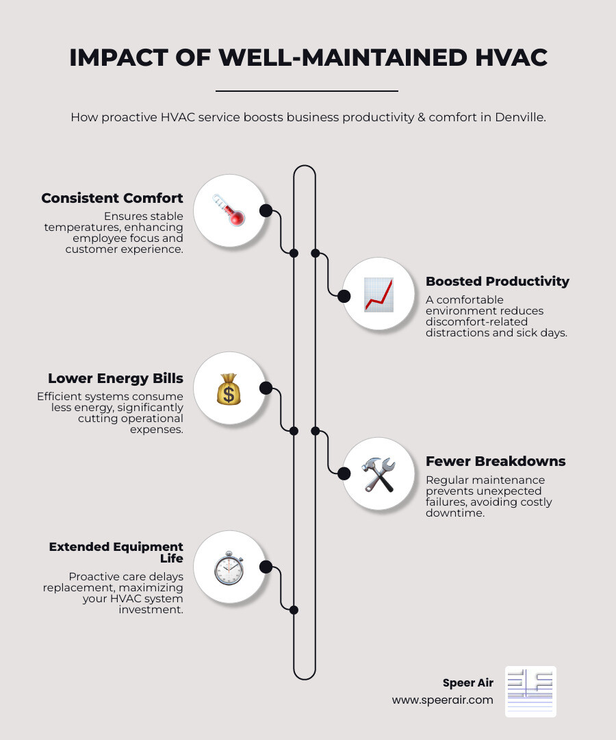 infographic showing how proper HVAC maintenance improves business productivity through consistent temperature control, reduced sick days, lower energy bills, fewer emergency breakdowns, and extended equipment lifespan with specific percentage improvements for each benefit - business hvac service denville nj infographic infographic-line-5-steps-elegant_beige infographic showing how proper HVAC maintenance improves business productivity through consistent temperature control, reduced sick days, lower energy bills, fewer emergency breakdowns, and extended equipment lifespan with specific percentage improvements for each benefit - business hvac service denville nj infographic infographic-line-5-steps-elegant_beige