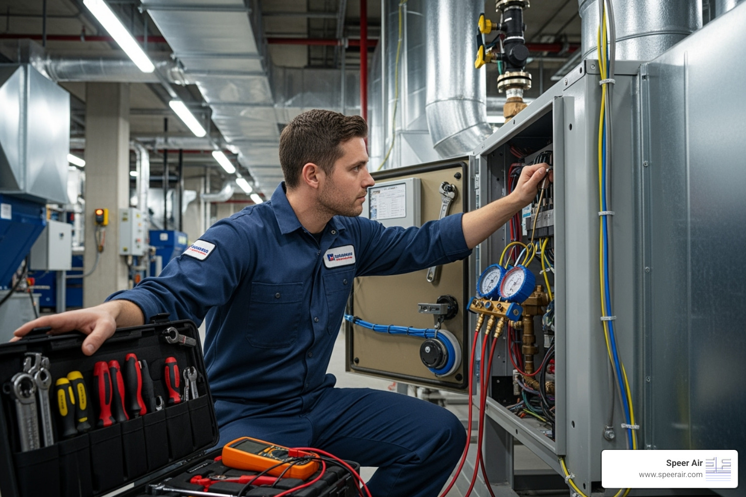 technician professionally servicing a commercial HVAC system inside a building - business hvac service denville nj technician professionally servicing a commercial HVAC system inside a building - business hvac service denville nj