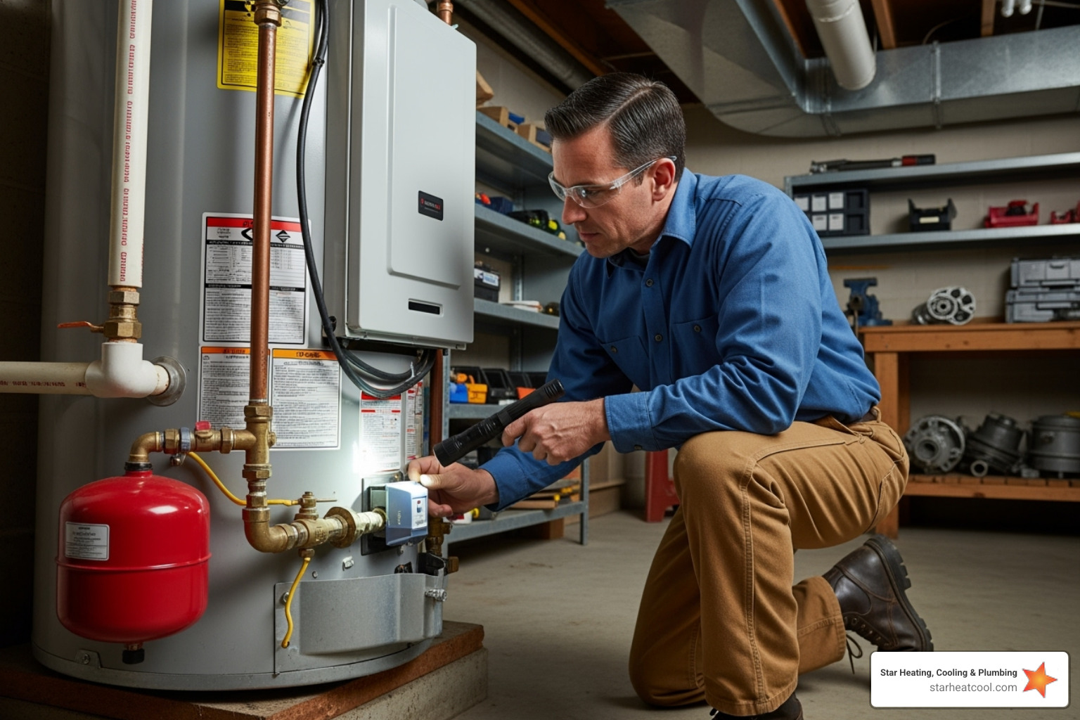 technician inspecting a water heater - licensed water heater contractor in carmel in