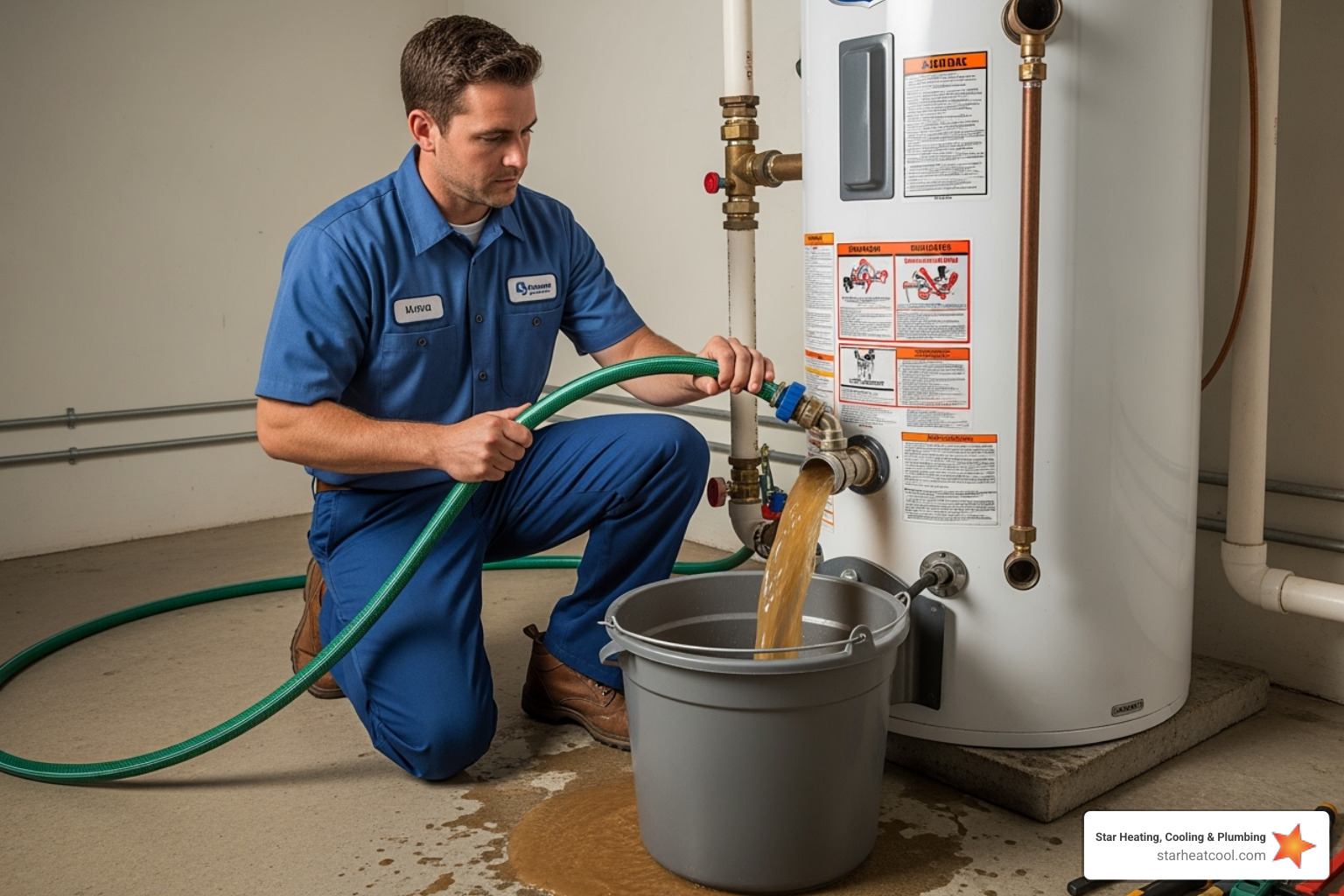 technician flushing a water heater tank - licensed water heater contractor in carmel in