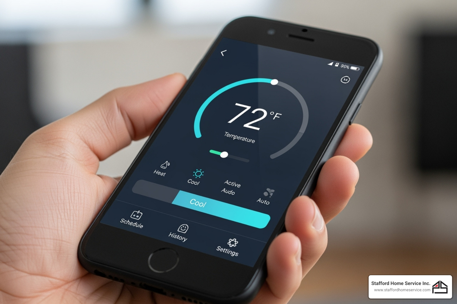 hand holding smartphone with thermostat app - thermostat replacement eagan, mn