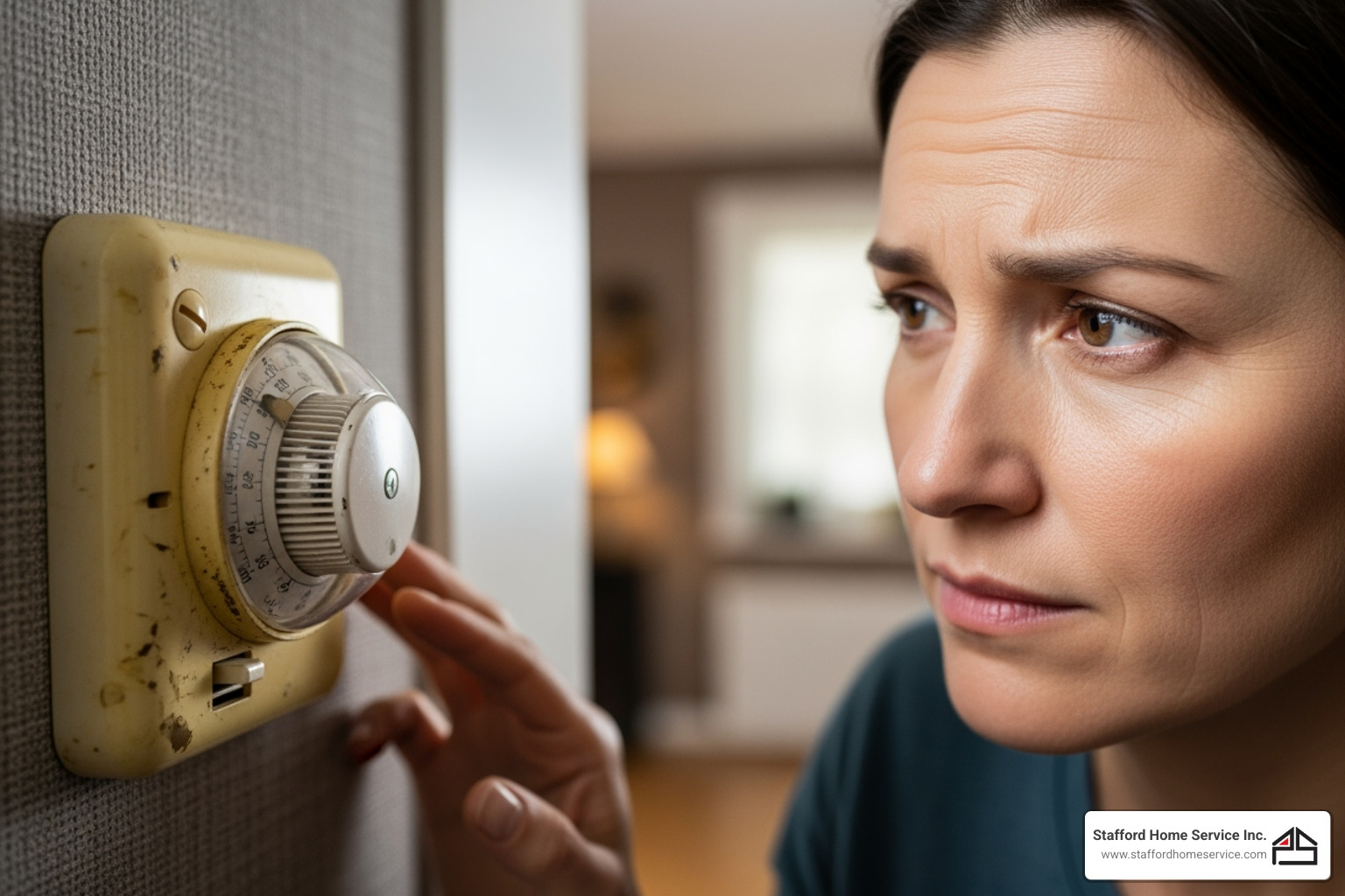 person looking at old yellowed thermostat - thermostat replacement eagan, mn