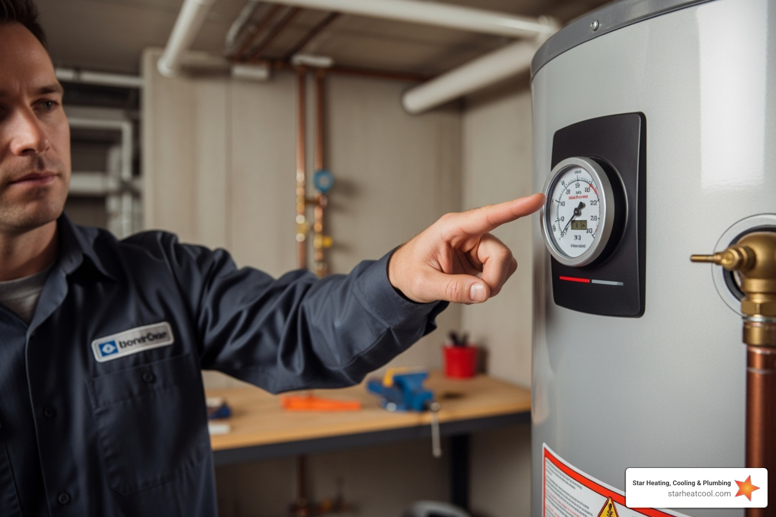 a technician pointing to a clean water heater temperature gauge - water heater inspection in noblesville in a technician pointing to a clean water heater temperature gauge - water heater inspection in noblesville in