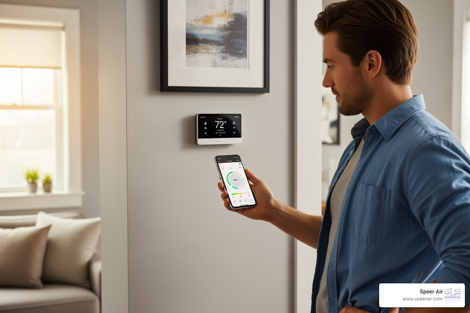 homeowner using a smartphone to adjust their smart thermostat - energy star hvac denville nj homeowner using a smartphone to adjust their smart thermostat - energy star hvac denville nj