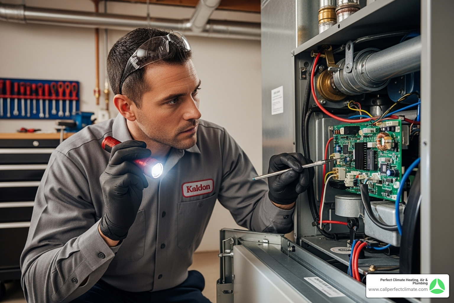 A professional technician carefully inspecting the internal components of a furnace - heating maintenance in fort branch in