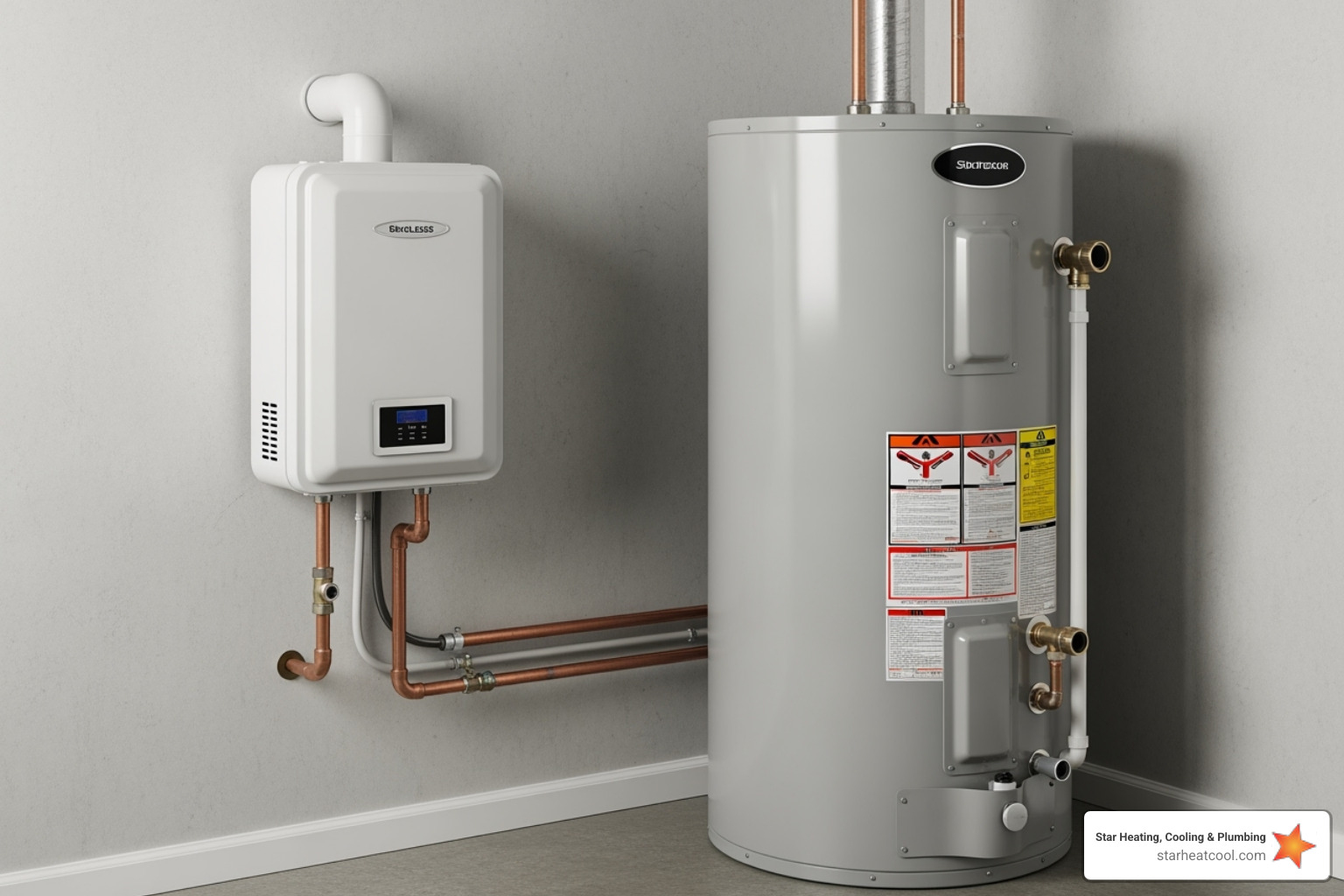 compact tankless water heater mounted on a wall next to a traditional tank model - licensed water heater contractor in greenwood in