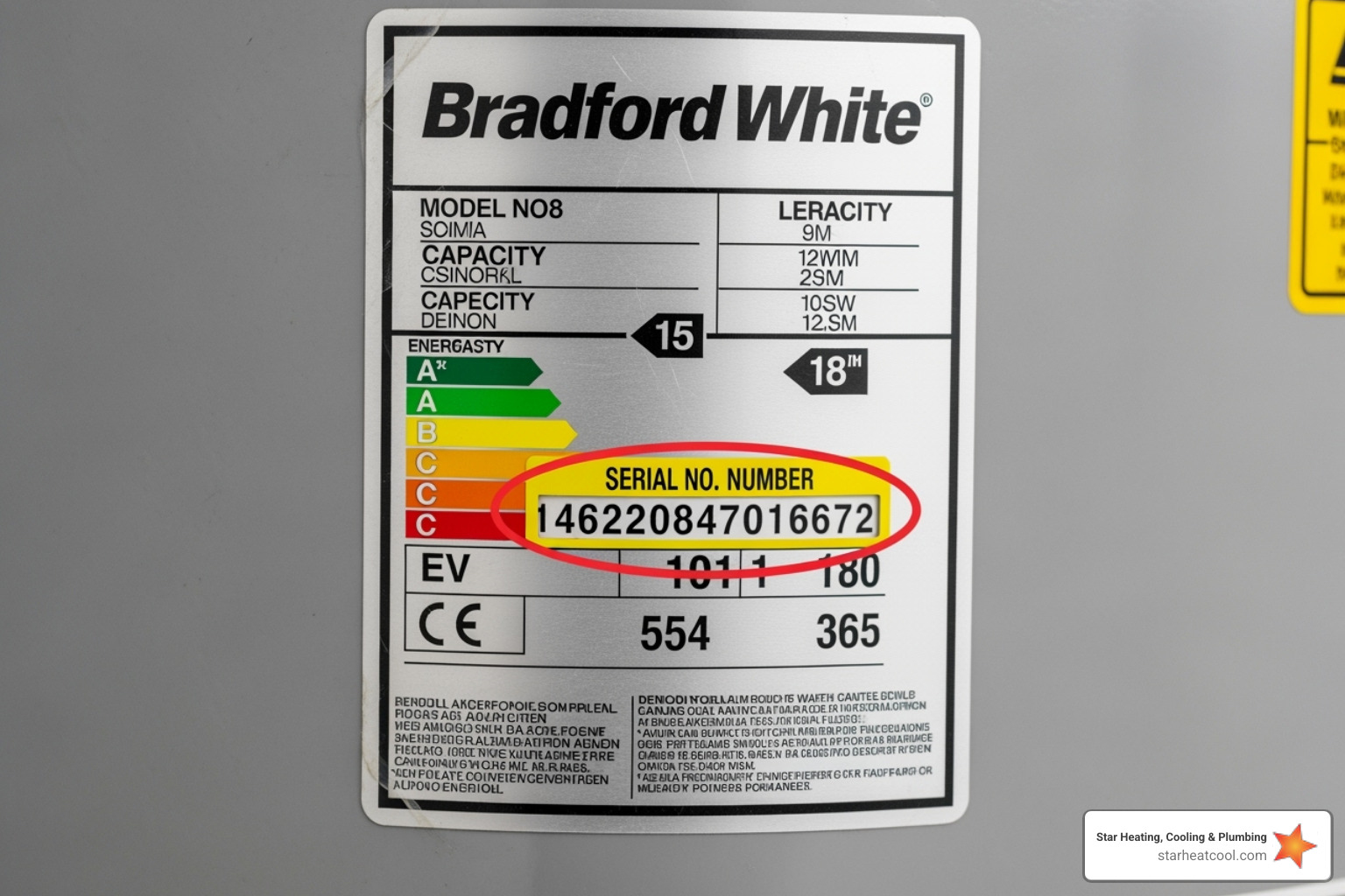 close-up of a Bradford White rating plate with serial number highlighted - bradford white water heater service in williams creek in close-up of a Bradford White rating plate with serial number highlighted - bradford white water heater service in williams creek in