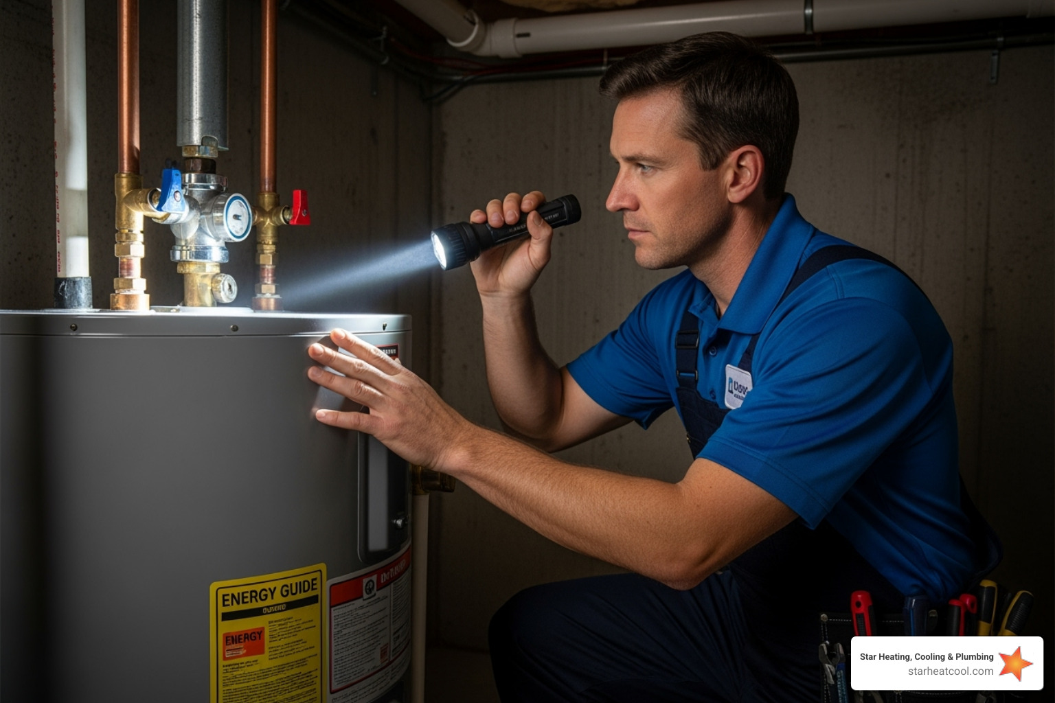 professional plumber inspecting a water heater with a flashlight - 24/7 water heater repair in beech grove in professional plumber inspecting a water heater with a flashlight - 24/7 water heater repair in beech grove in