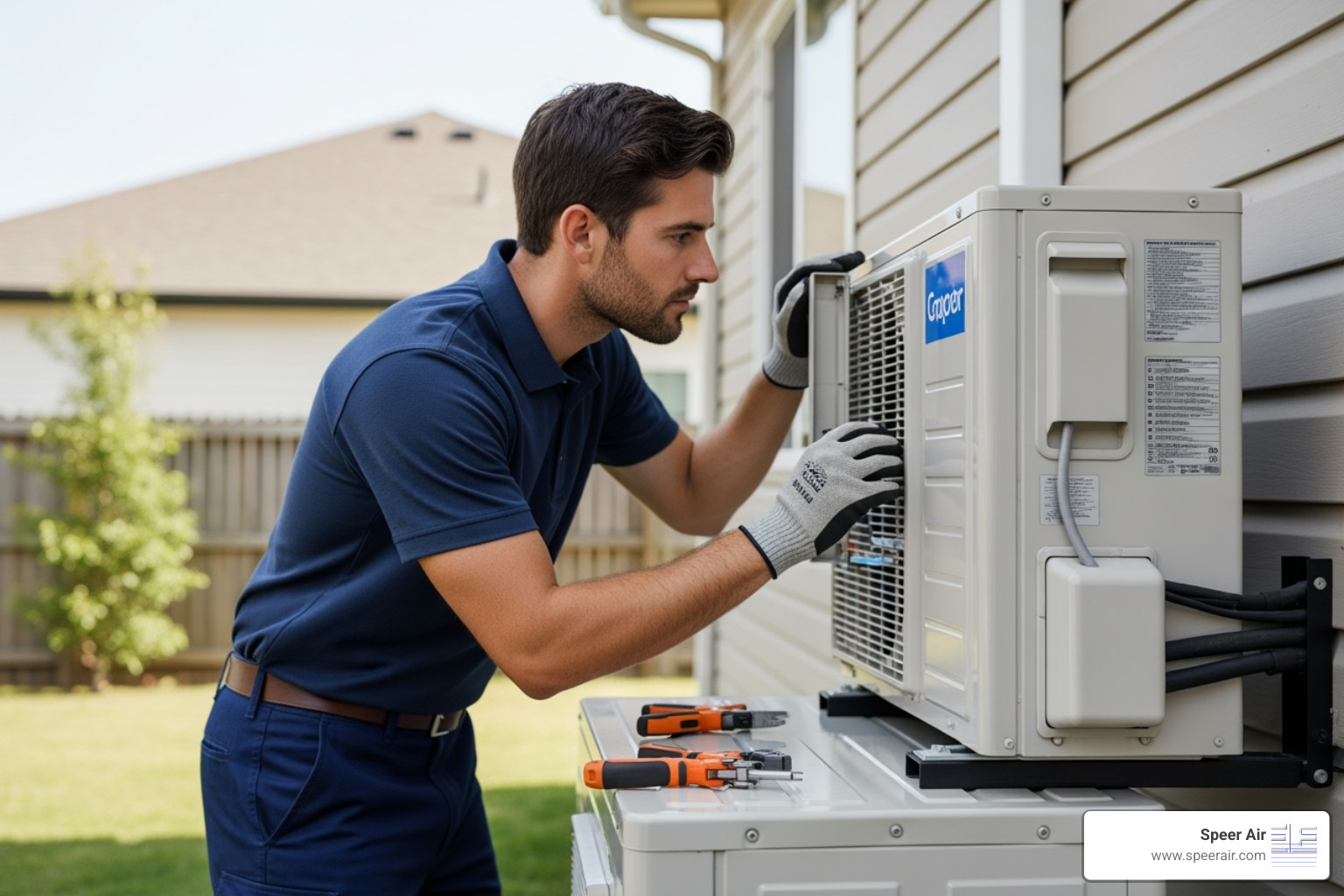 A certified technician servicing a ductless outdoor unit - ductless system repair denville A certified technician servicing a ductless outdoor unit - ductless system repair denville