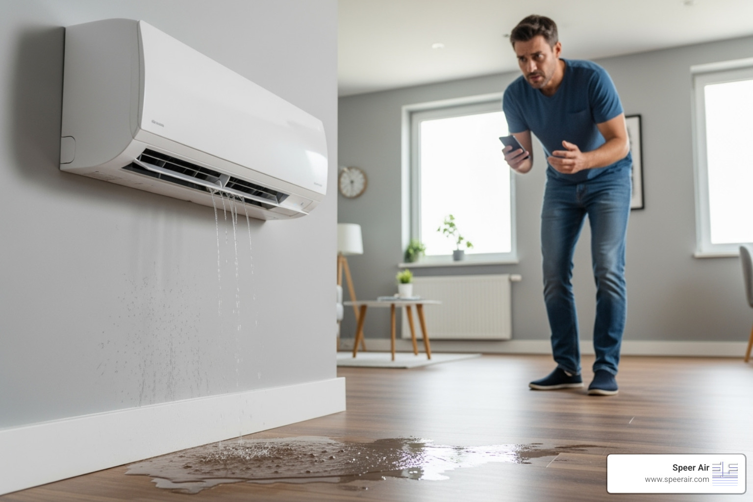 A homeowner looking concerned at a leaking indoor ductless unit - ductless system repair denville A homeowner looking concerned at a leaking indoor ductless unit - ductless system repair denville