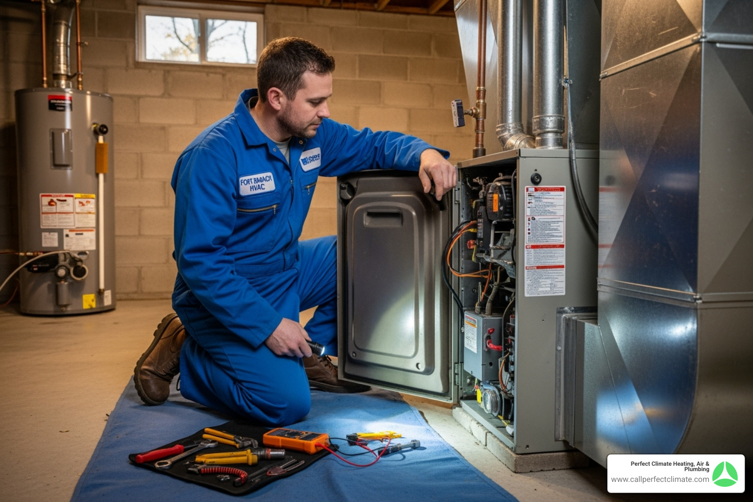 A friendly, uniformed technician standing next to a clean service vehicle - heating maintenance in fort branch in