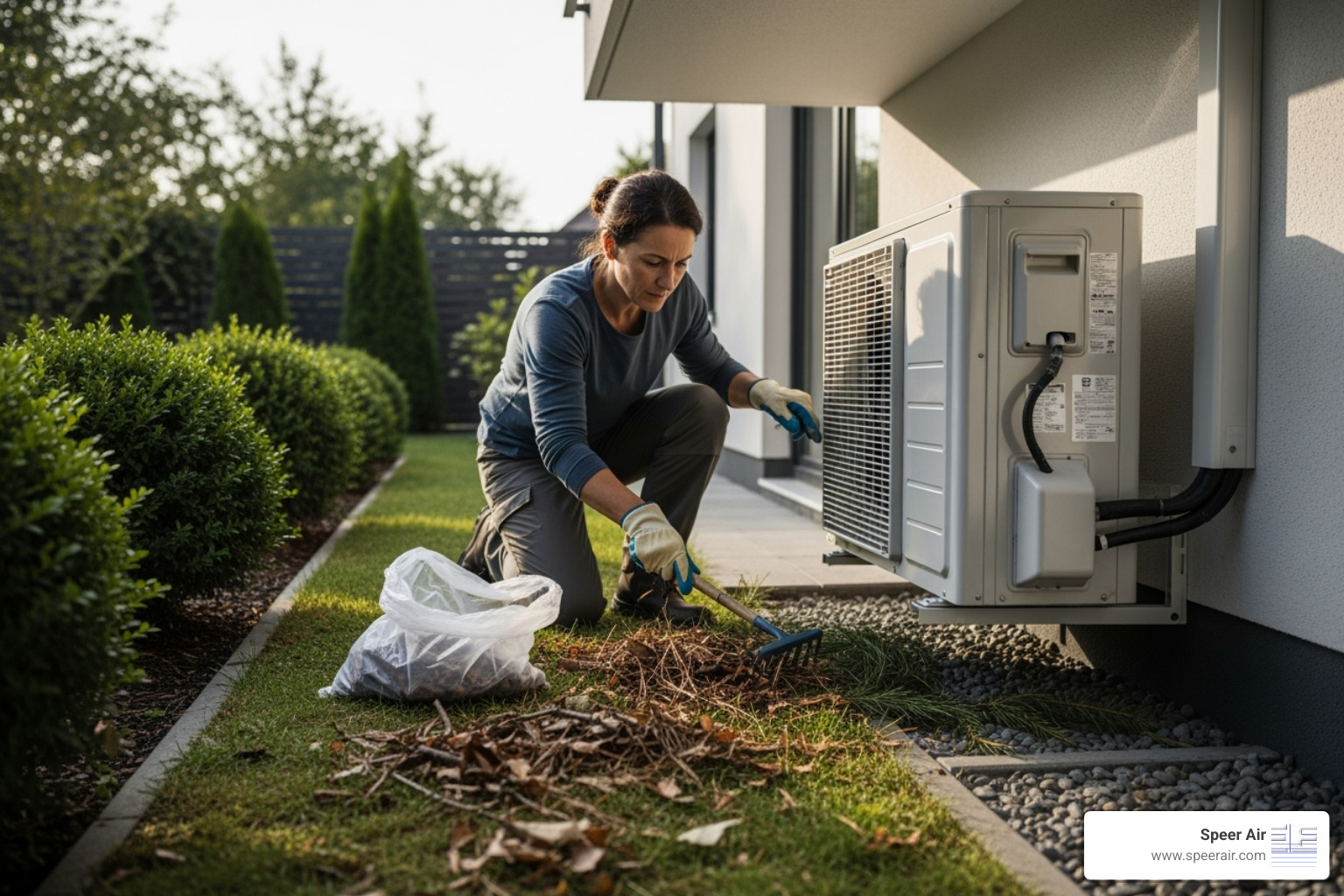 A homeowner clearing debris from around their outdoor ductless unit - ductless system repair denville A homeowner clearing debris from around their outdoor ductless unit - ductless system repair denville