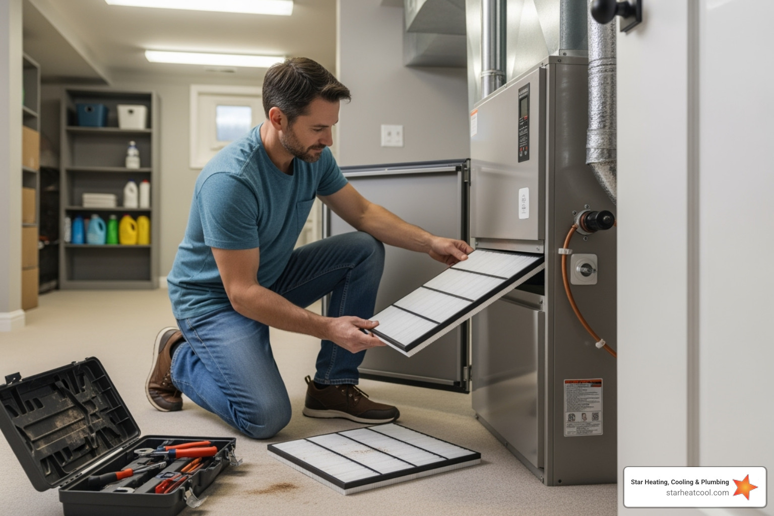 Homeowner replacing a clean air filter in their HVAC system, highlighting easy DIY maintenance. - heat pump not working in carmel in Homeowner replacing a clean air filter in their HVAC system, highlighting easy DIY maintenance. - heat pump not working in carmel in