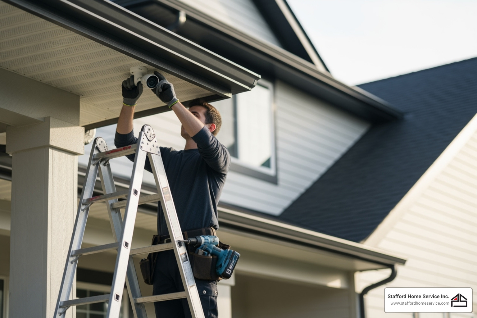 person safely on a ladder mounting a camera under an eave - exterior camera installation person safely on a ladder mounting a camera under an eave - exterior camera installation