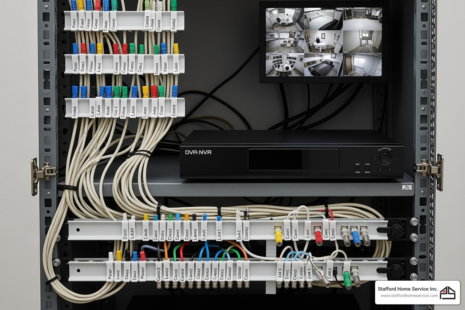 clean dvr/nvr setup with clearly labeled cable connections - exterior camera installation clean dvr/nvr setup with clearly labeled cable connections - exterior camera installation