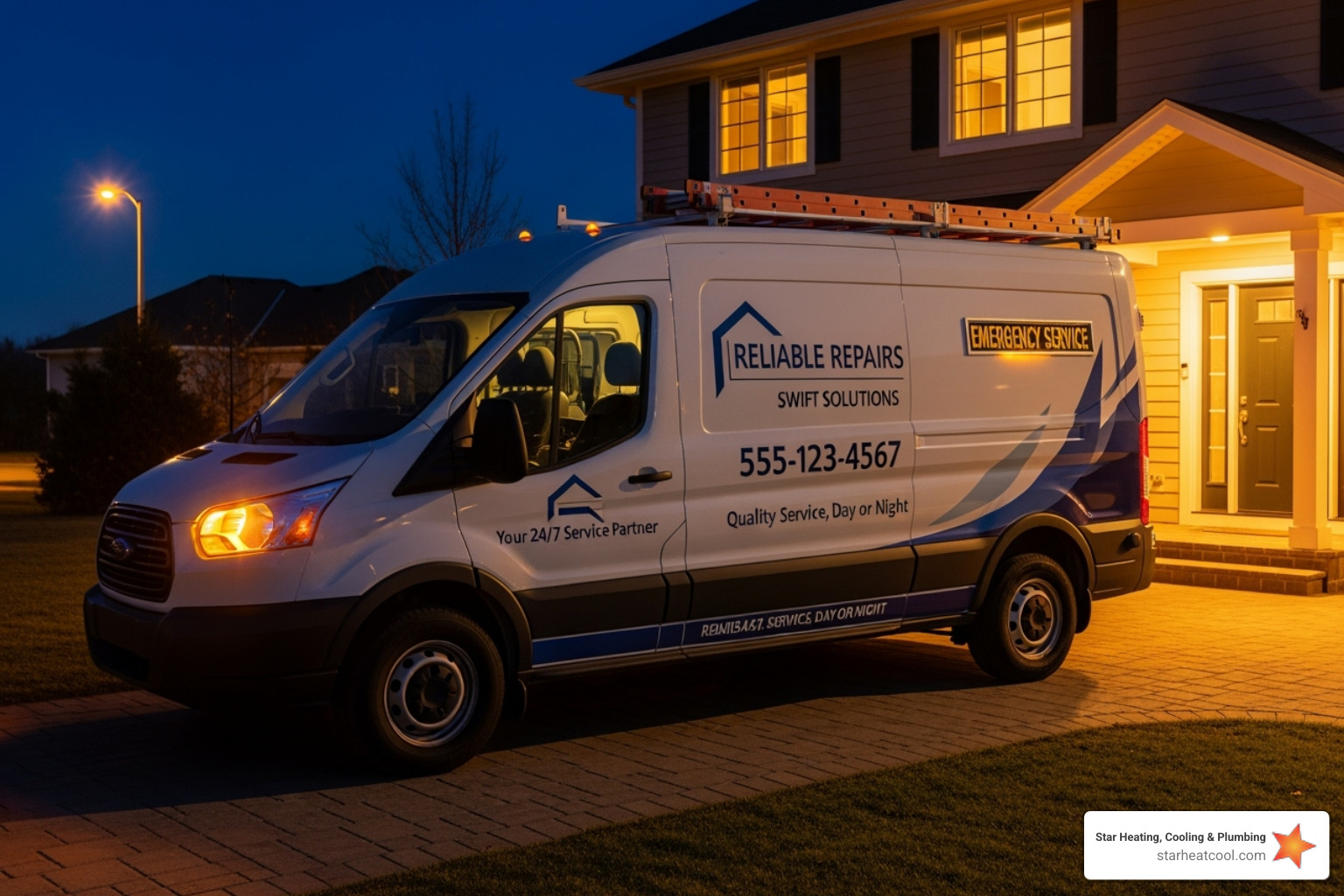 service van with clear branding arriving at a home at night - emergency heating repair in greenwood in