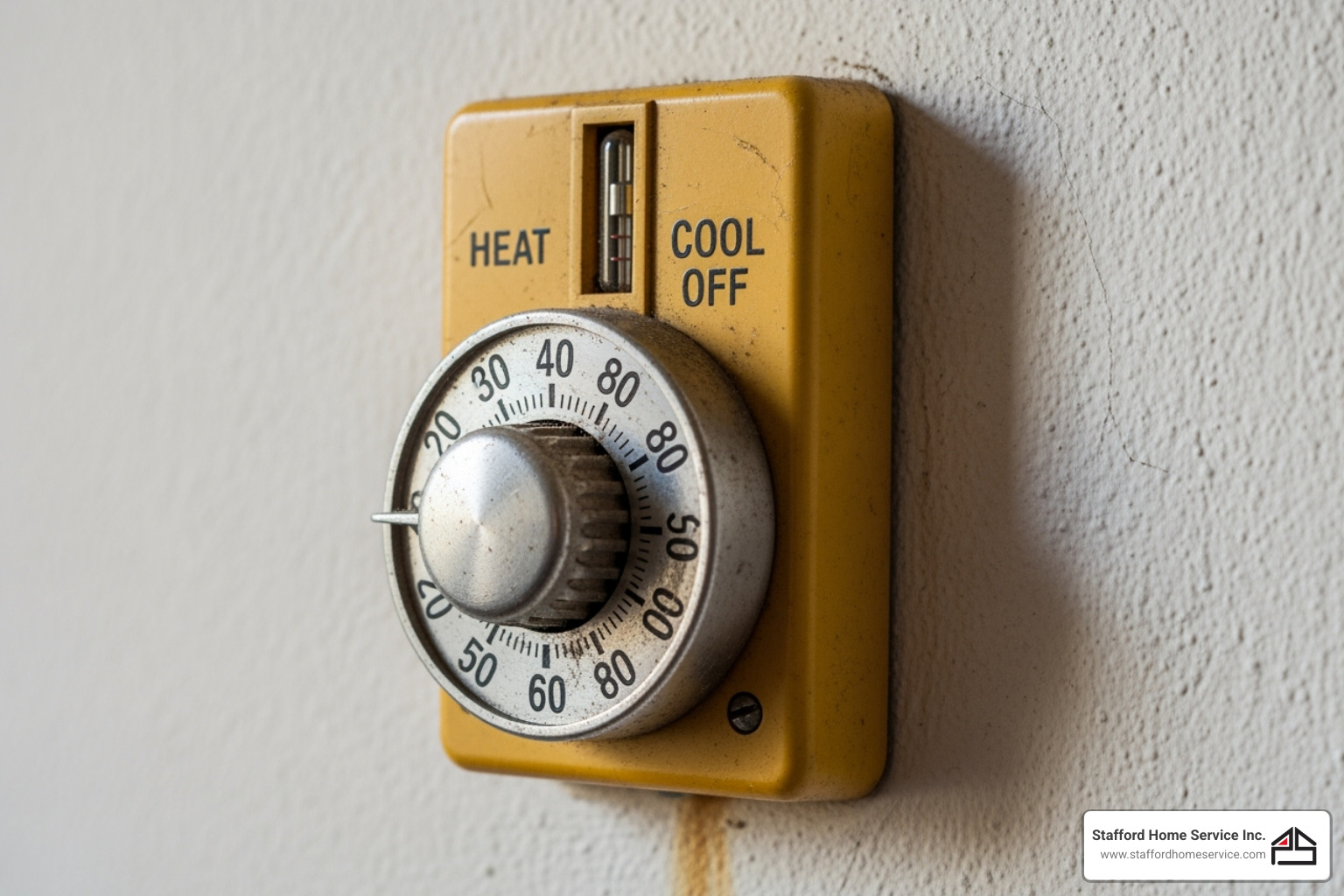 old, discolored manual thermostat on a wall - smart thermostat installation eden prairie, mn