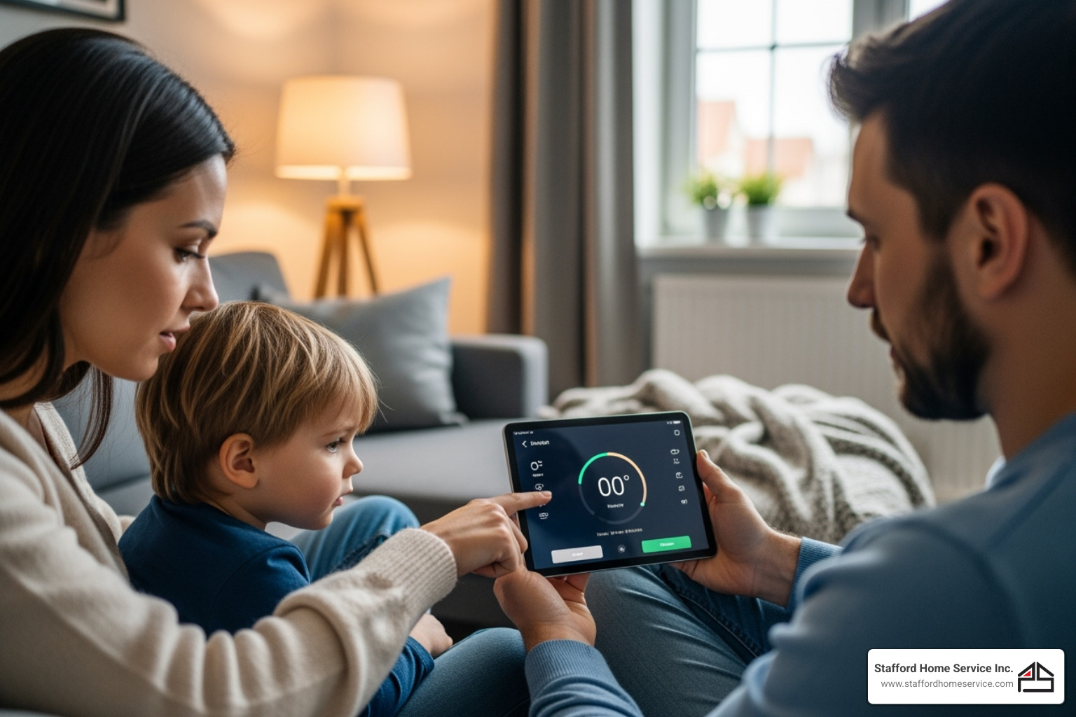 family using a tablet to adjust their smart thermostat - smart thermostat installation eden prairie, mn