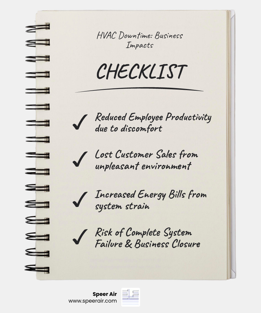 infographic showing the cascade of business impacts from HVAC downtime: uncomfortable employees lead to reduced productivity, uncomfortable customers lead to lost sales, system strain leads to higher energy bills, and delayed repairs lead to complete system failure and business closure - commercial hvac repair northern nj infographic checklist-notebook infographic showing the cascade of business impacts from HVAC downtime: uncomfortable employees lead to reduced productivity, uncomfortable customers lead to lost sales, system strain leads to higher energy bills, and delayed repairs lead to complete system failure and business closure - commercial hvac repair northern nj infographic checklist-notebook