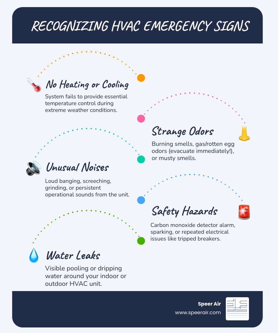 infographic showing common signs of HVAC emergencies including no heat, no cooling, strange noises, burning smells, gas odors, CO detector alarms, electrical problems, and water leaks with corresponding safety icons - emergency hvac company northern nj infographic infographic-line-5-steps-blues-accent_colors infographic showing common signs of HVAC emergencies including no heat, no cooling, strange noises, burning smells, gas odors, CO detector alarms, electrical problems, and water leaks with corresponding safety icons - emergency hvac company northern nj infographic infographic-line-5-steps-blues-accent_colors