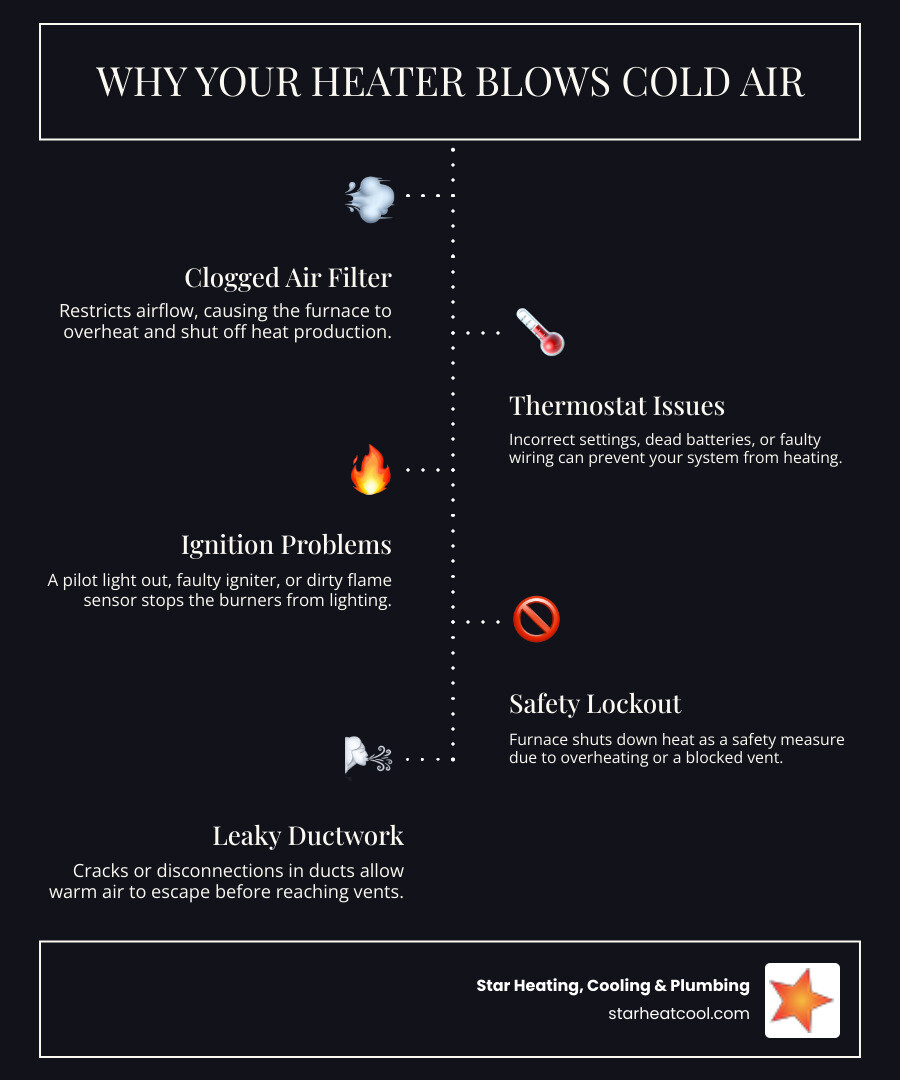 Infographic detailing common reasons for a heating system blowing cold air - heating blowing cold air in meridian hills in infographic infographic-line-5-steps-dark Infographic detailing common reasons for a heating system blowing cold air - heating blowing cold air in meridian hills in infographic infographic-line-5-steps-dark